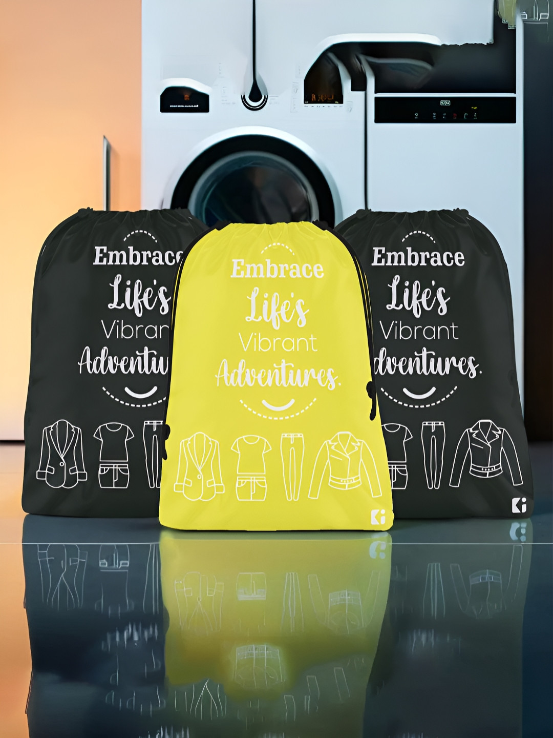 Aura Yellow & Black 3 Pieces Printed Foldable Water Resistant Multi-Utility Laundry Bags
