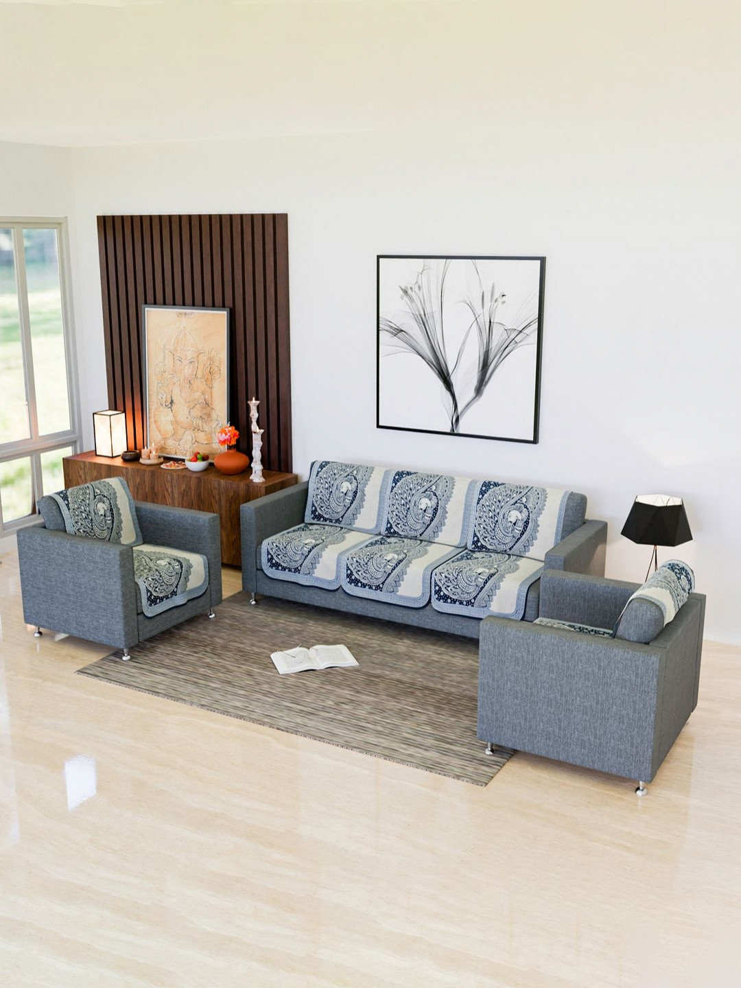 Aura Blue & White 10 Pieces Ethnic Motifs Printed 5 Seater Cotton Sofa Covers