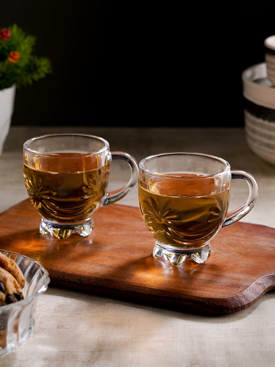 ceradeco 6 Pieces Glass Floral Designed Dishwasher and Microwave Safe Tea Cups 140ML Each