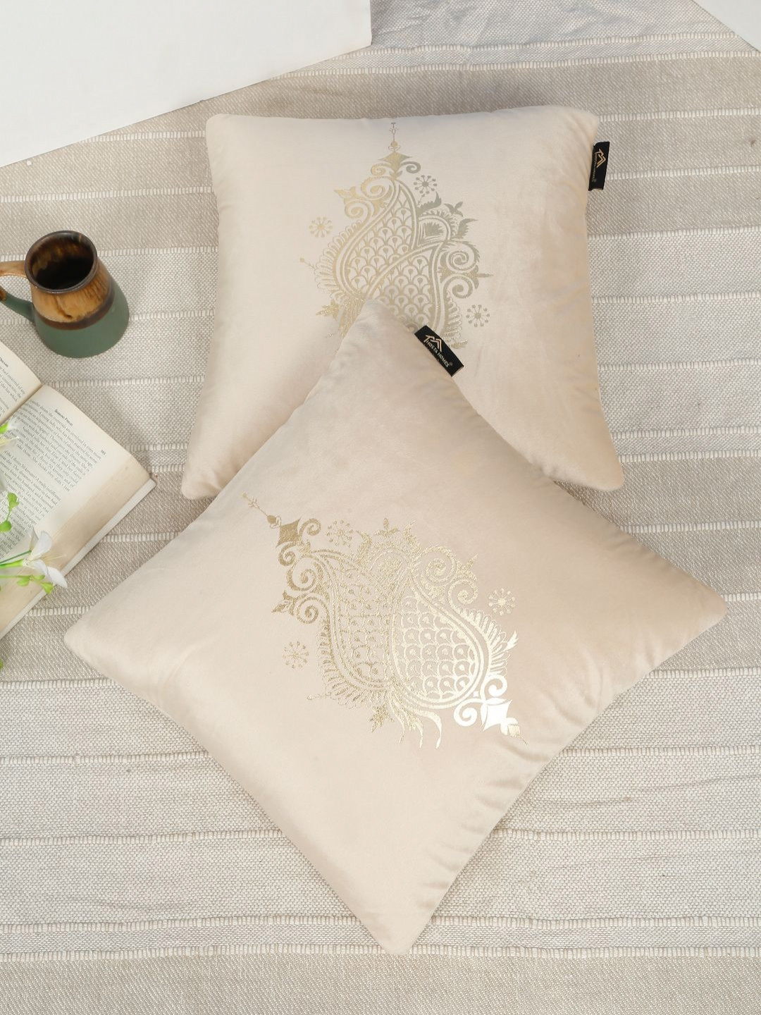 HOSTA HOMES Cream & Gold-Toned 2 Pieces Floral Foil Printed Velvet Square Cushion Covers