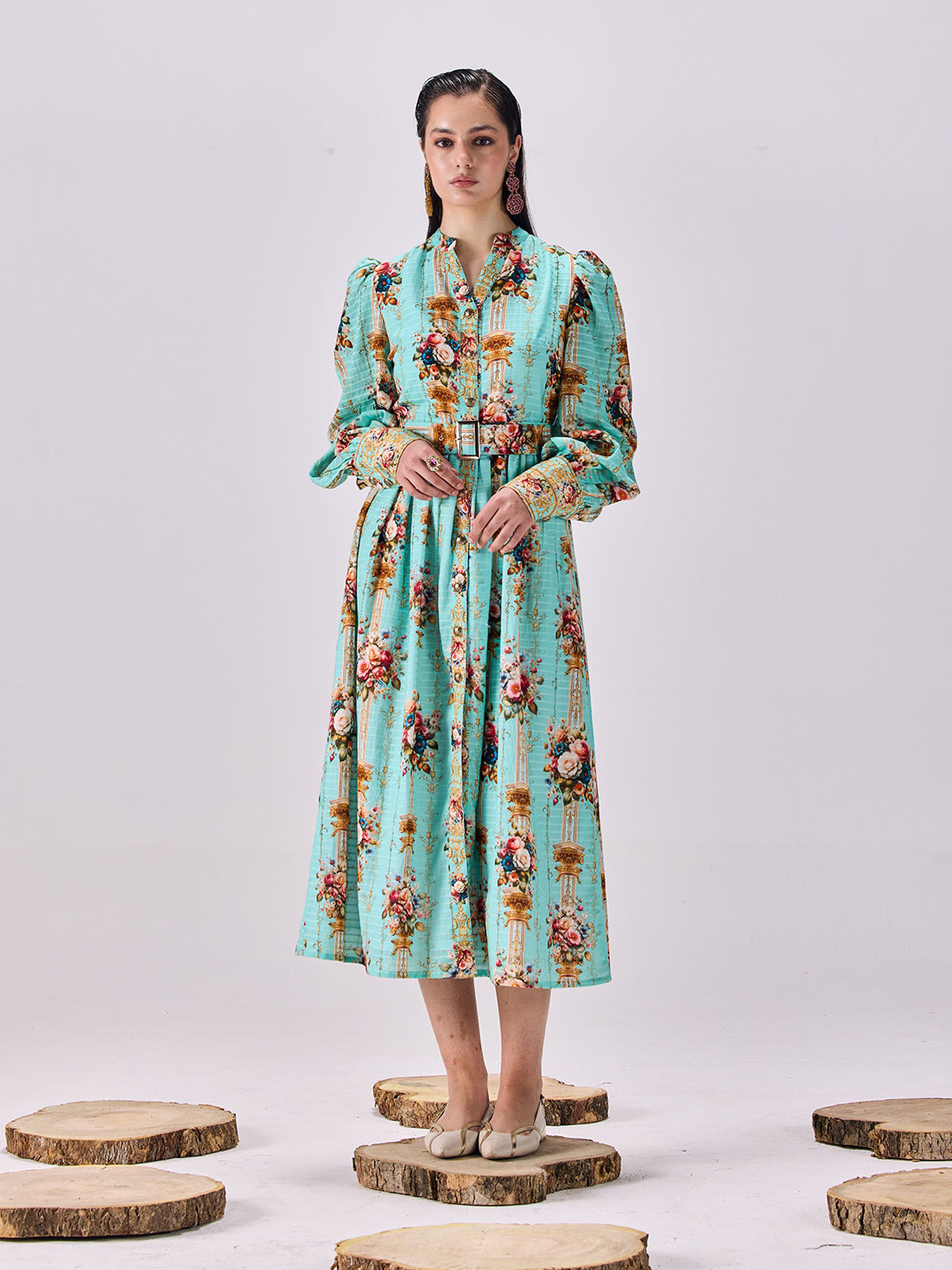 SAMMYUKK Vintage Women Floral Printed Mandarin Collar Button-Up Midi Shirt Dress