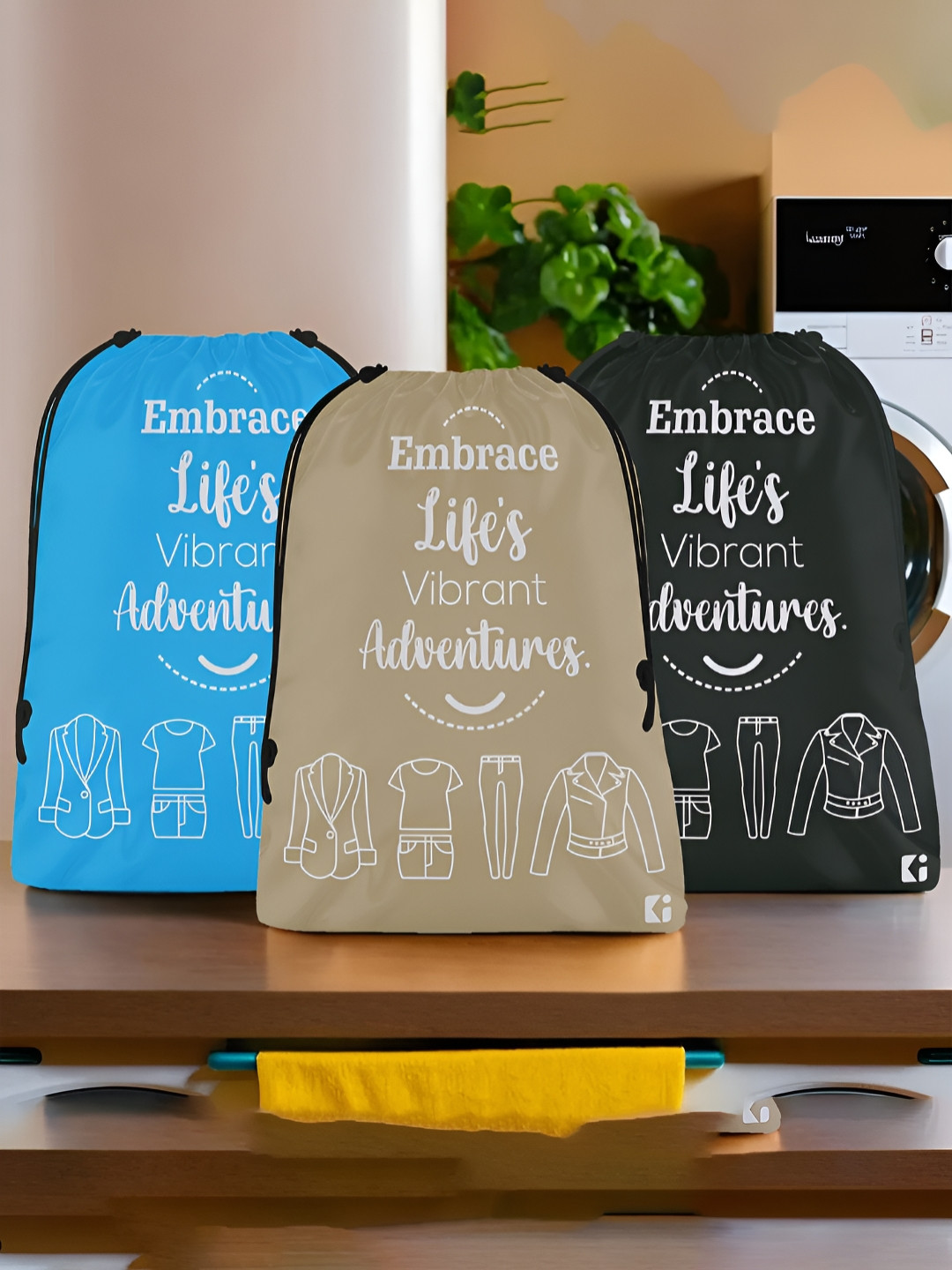 Aura Blue & Black 3 Pieces Printed Foldable Water Resistant Multi-Utility Laundry Bags