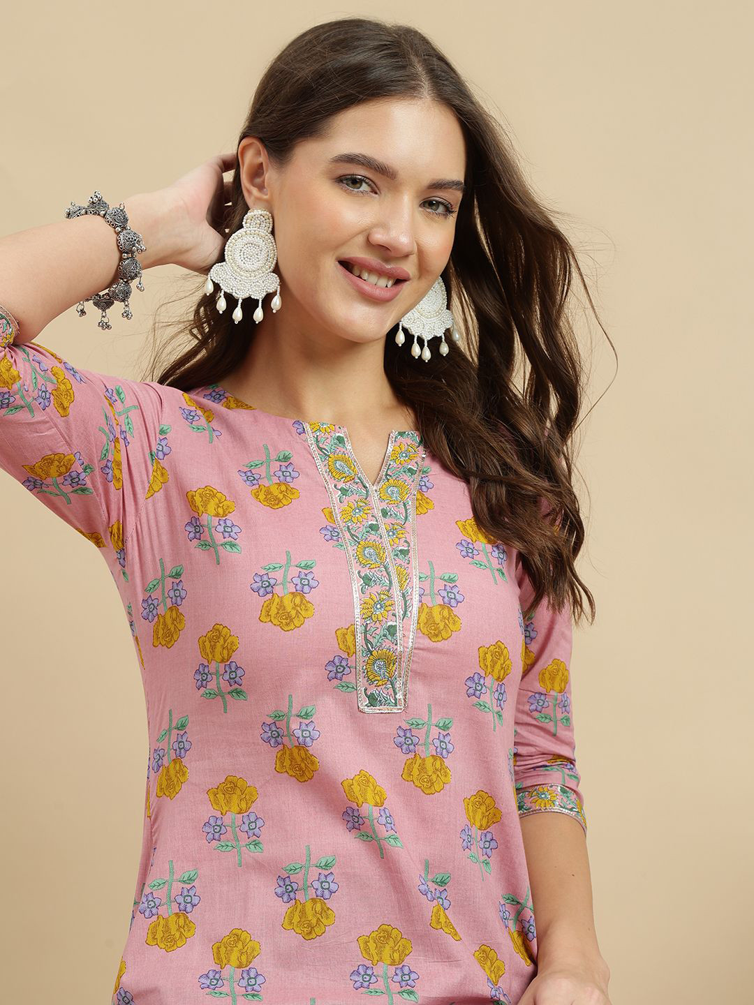 HERE&NOW Women Floral Printed Cotton V-Neck designer Top