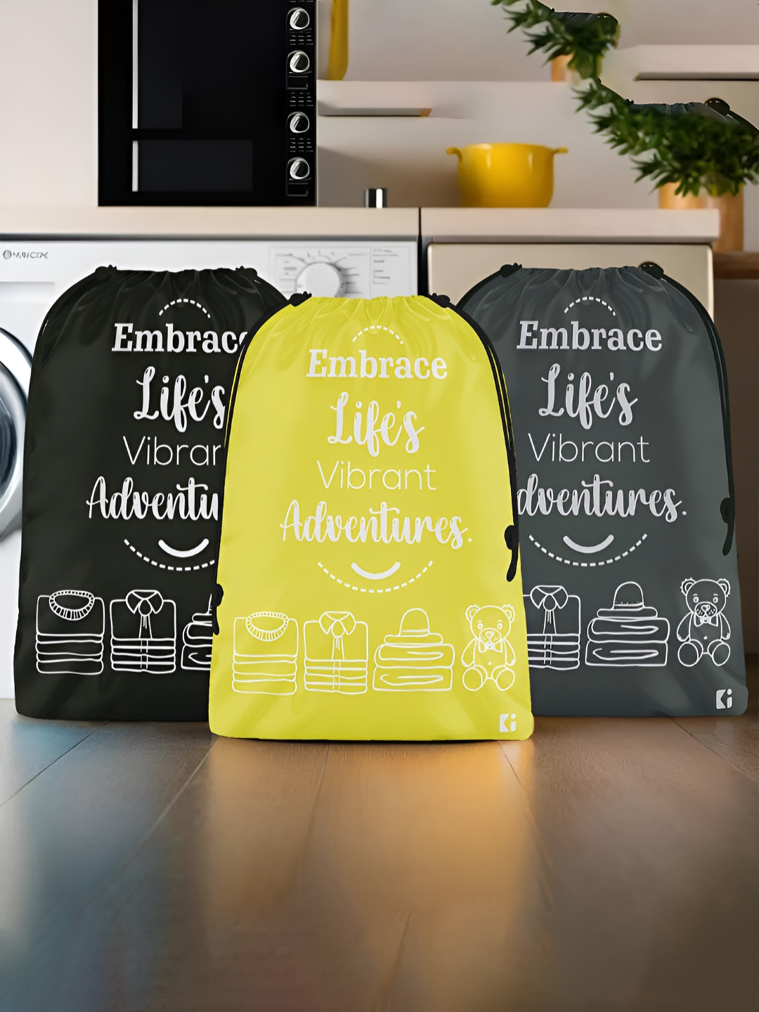 Aura Yellow & Black 3 Pieces Printed Foldable Water Resistant Multi-Utility Laundry Bags