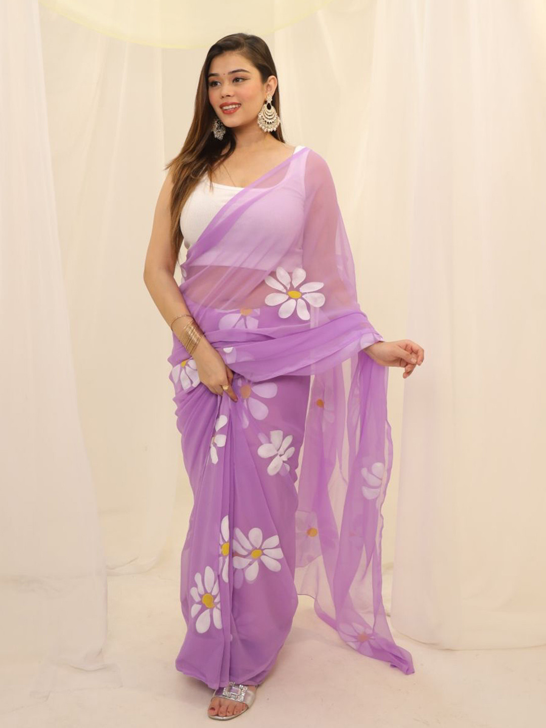 Swadeshi Shringaar Floral Hand Painted Georgette Saree with Blouse Piece