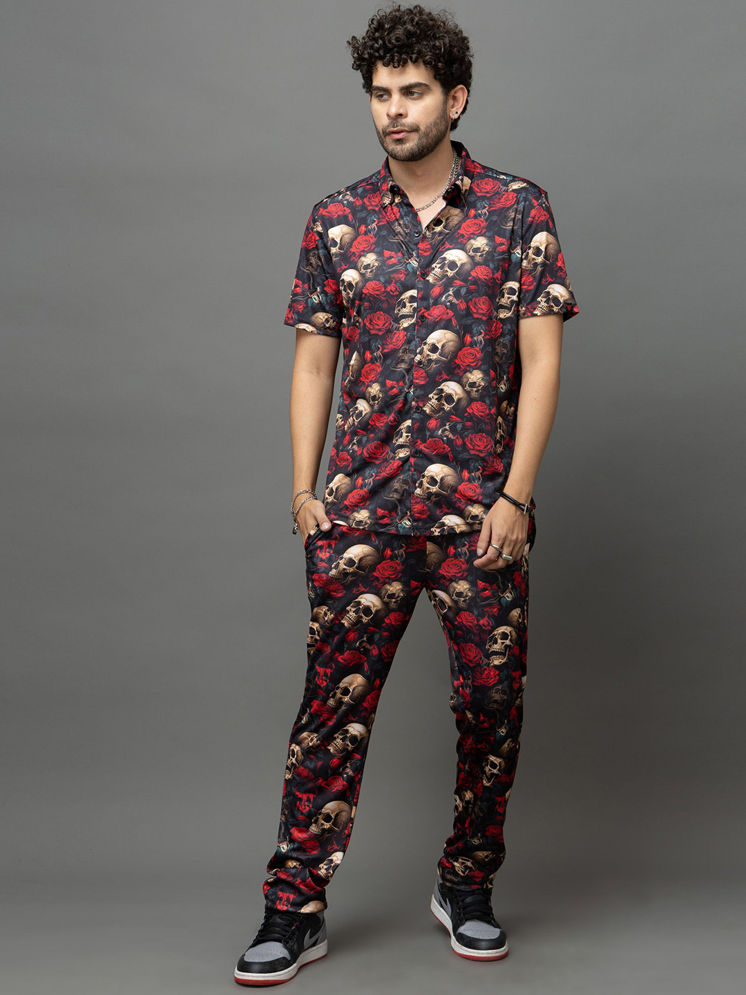GO DEVIL Skull With Rose Printed Shirt Collar Shirt With Trousers Co-Ords Set
