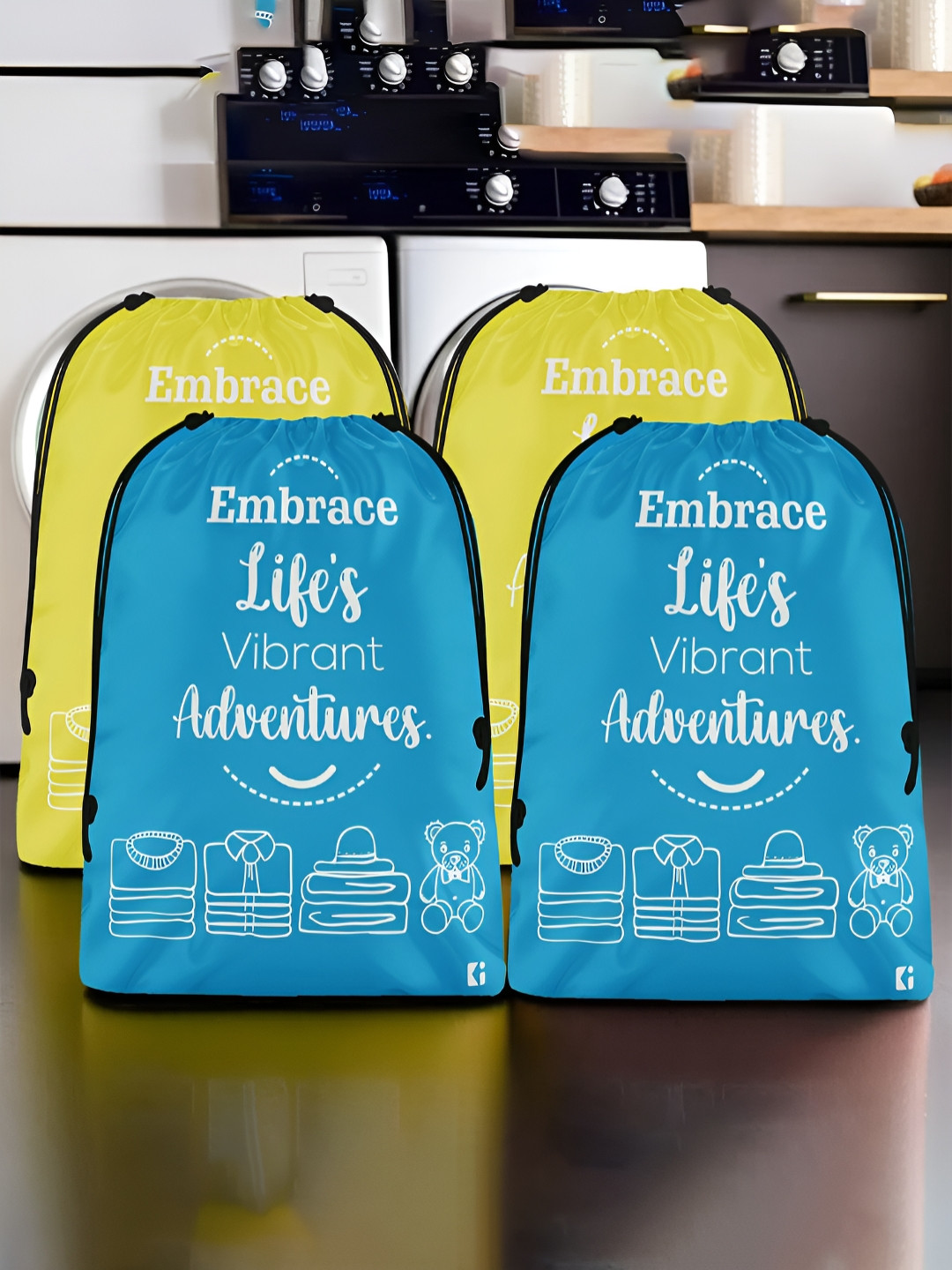 Aura Yellow & Blue 4 Pieces Printed Foldable Water Resistant Multi-Utility Laundry Bags