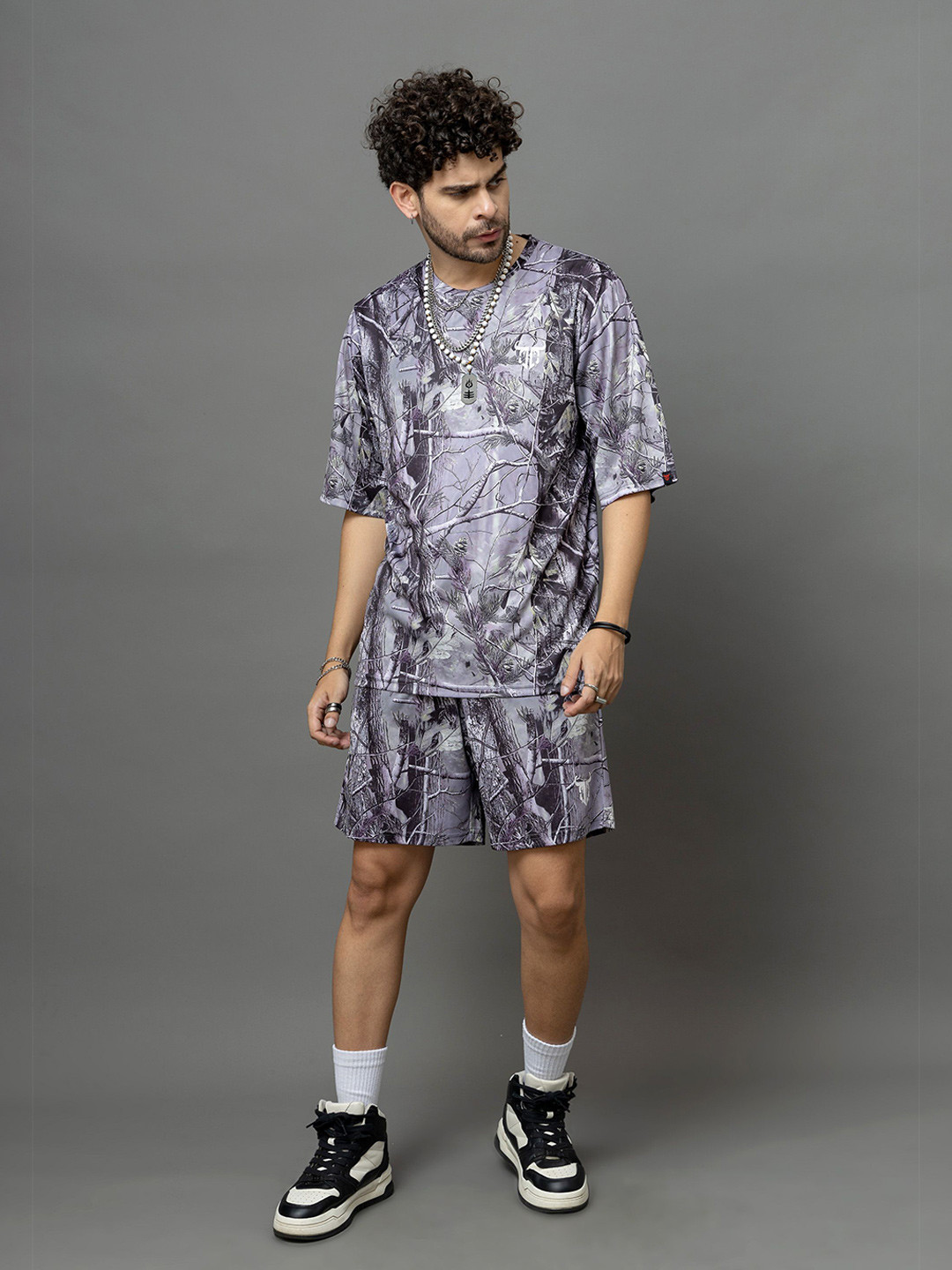 GO DEVIL Leaves Printed Oversized T-Shirt With Shorts Co-Ords