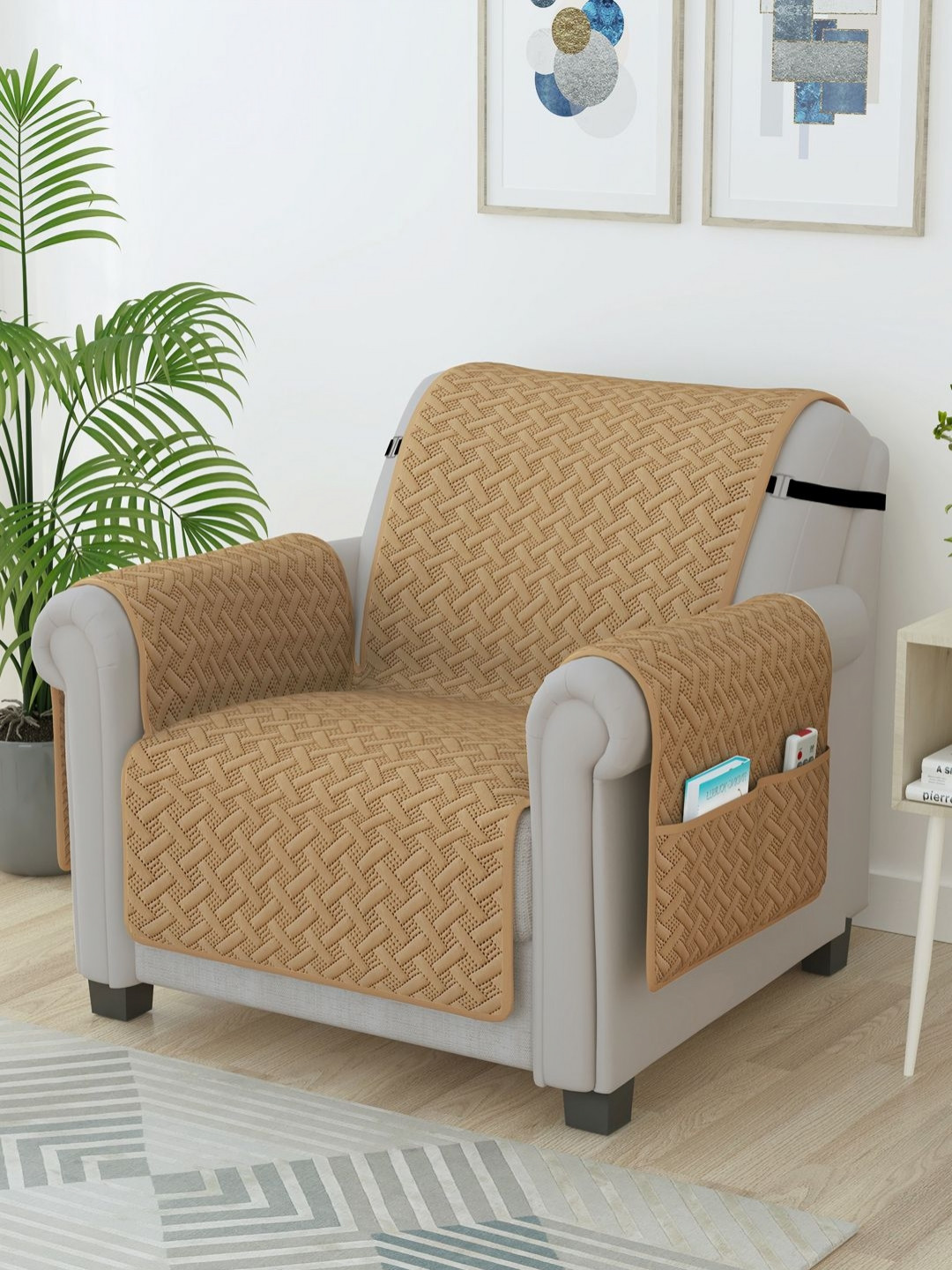 Story@home Beige Self Design Microfiber 1 Seater Sofa Cover With Arms