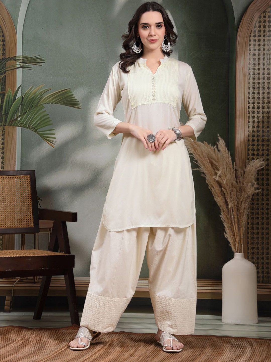 Clora Creation Women Yoke Design Regular Thread Work Pure Cotton Kurta with Farshi Salwar
