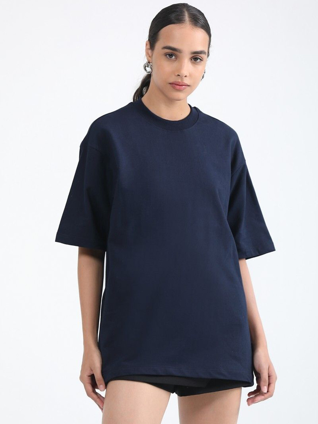 URBANICE Round Neck Drop-Shoulder Sleeves Cotton Oversized T-shirt