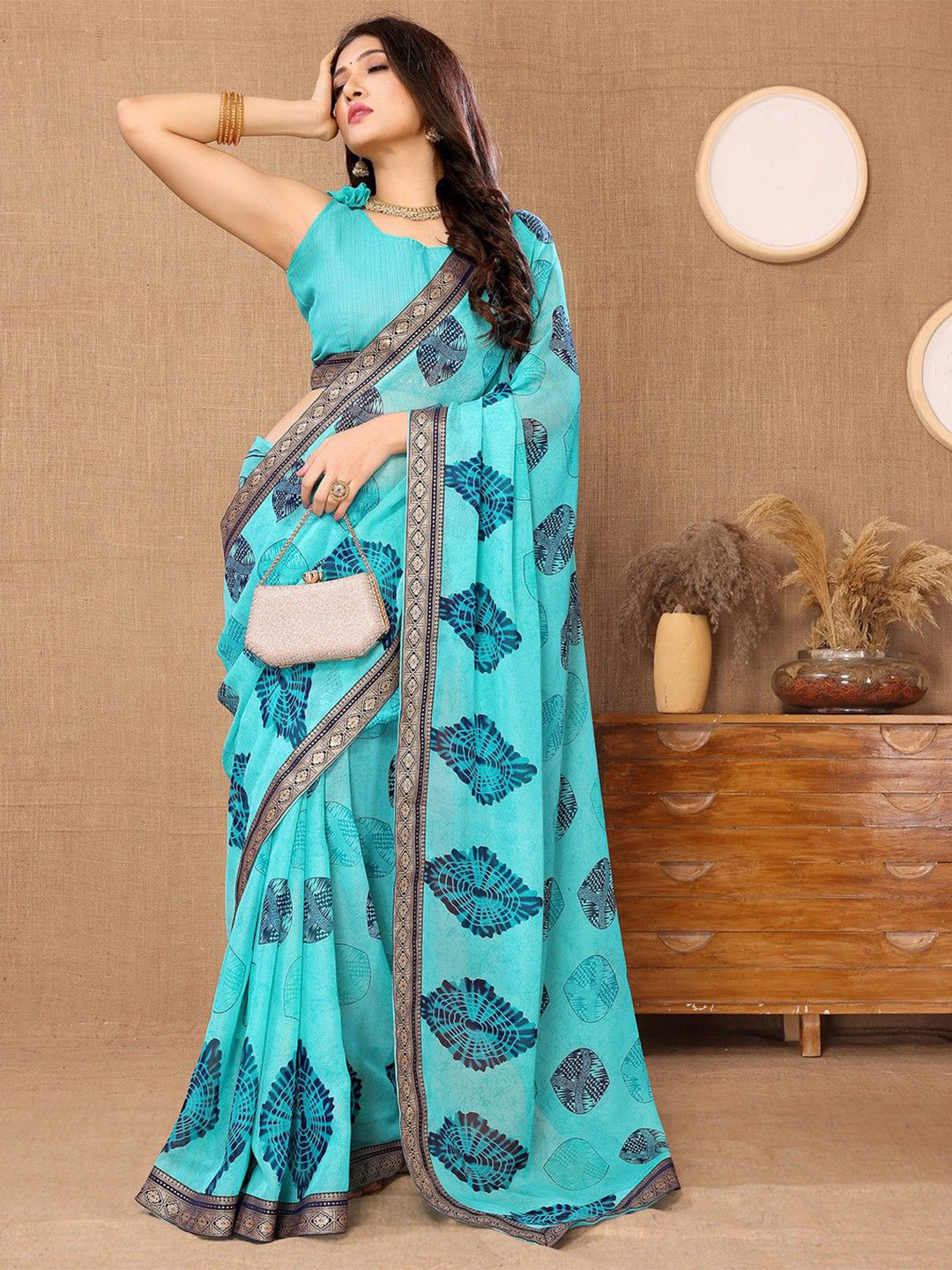 Lookmark Geometric Dyed Woven Design Border Pure Georgette Saree With Blouse Material