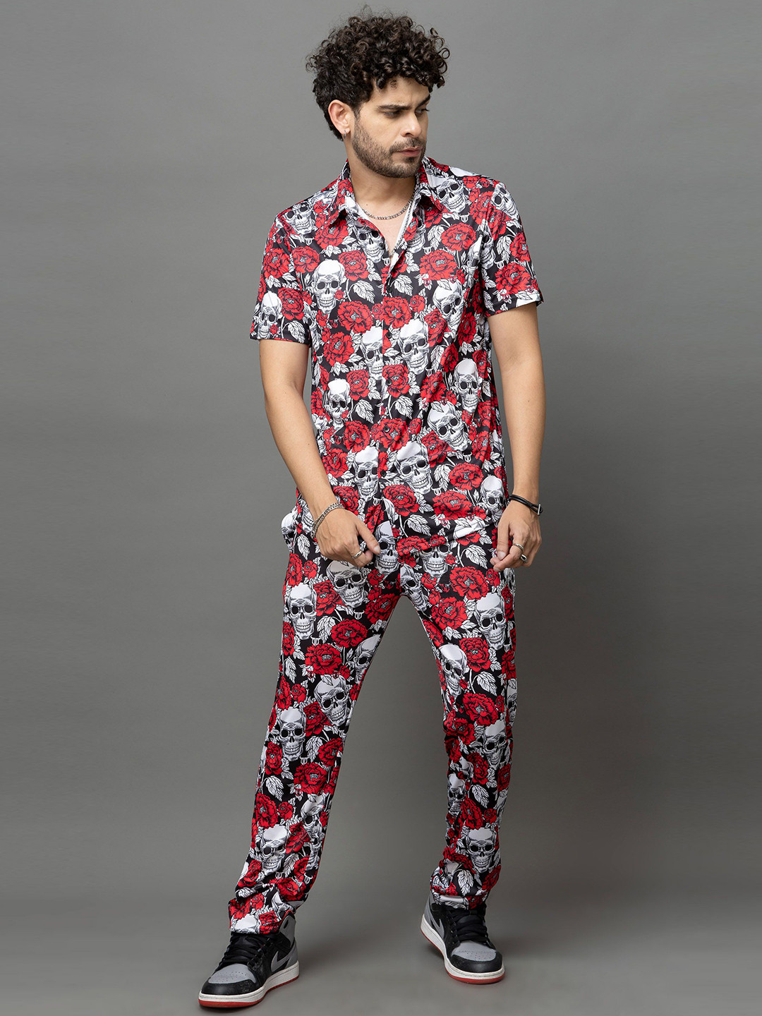 GO DEVIL Rose Printed Shirt Collar Shirt With Trousers Co-Ords Set