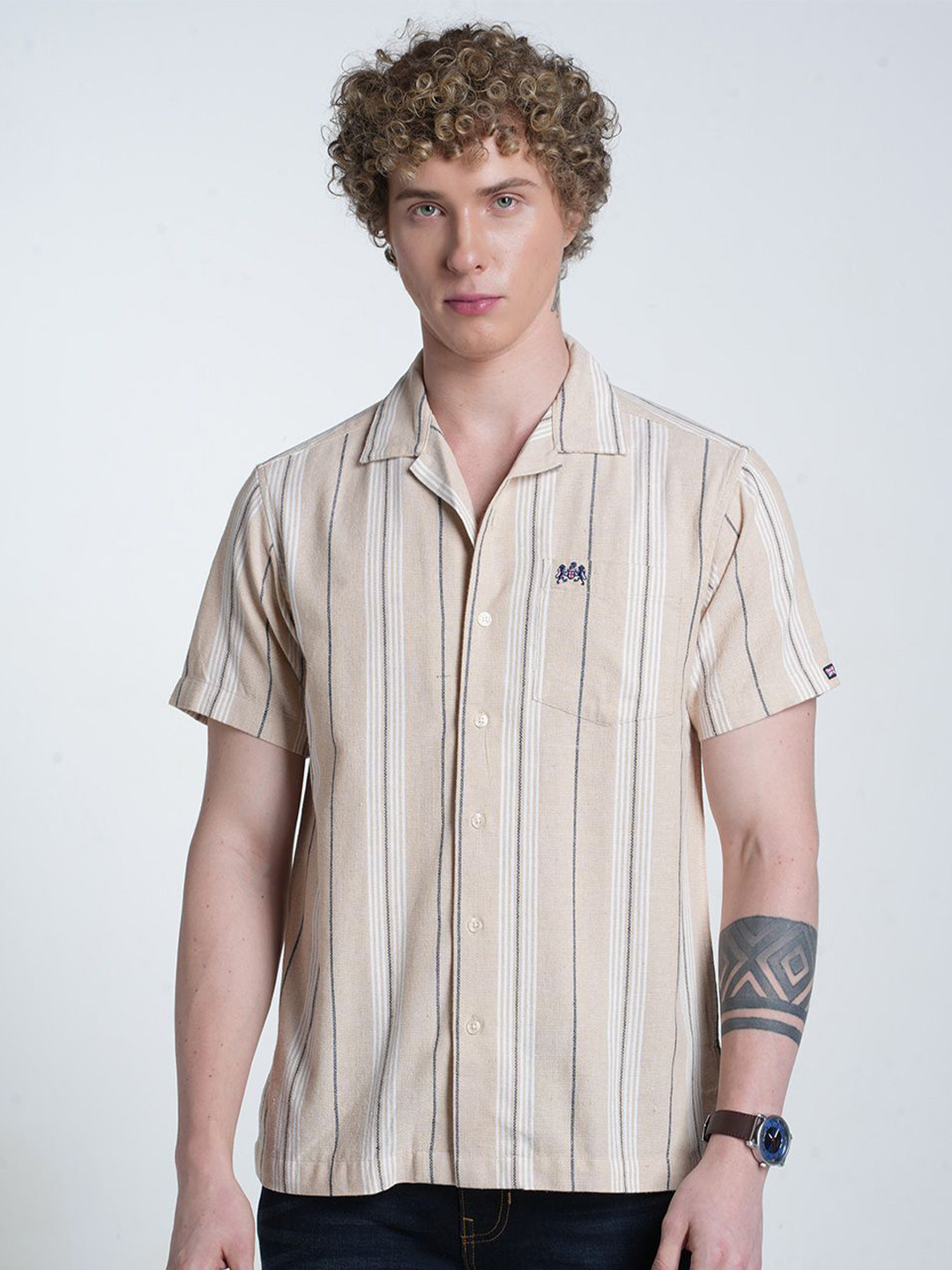 Double Two Men Relaxed Fit Vertical Striped Cuban Collar Cotton Casual Shirt