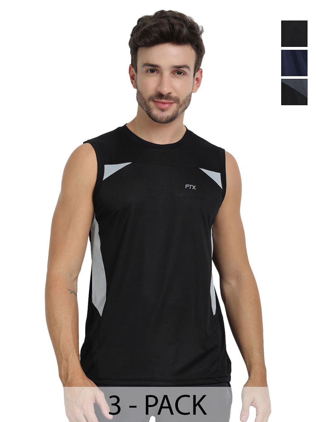 FTX Men Pack of 3 Colourblocked Round Neck Sports T-shirts