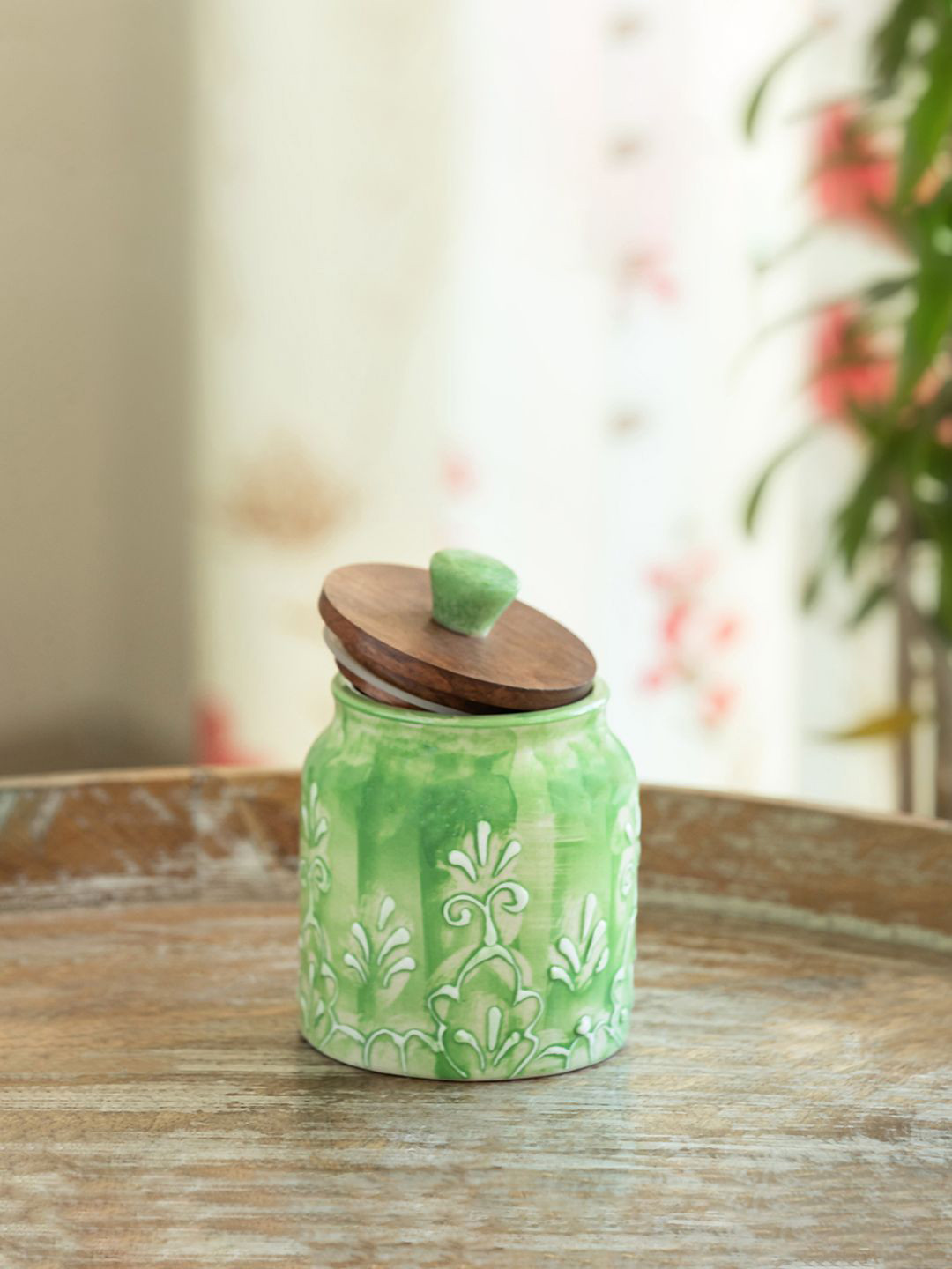 ExclusiveLane Jar & joy Green & Brown Ceramic Container With Airtight Wooden Lid