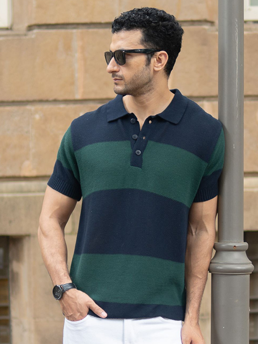 Powerlook Men Striped Polo Collar Pure Cotton T-shirt