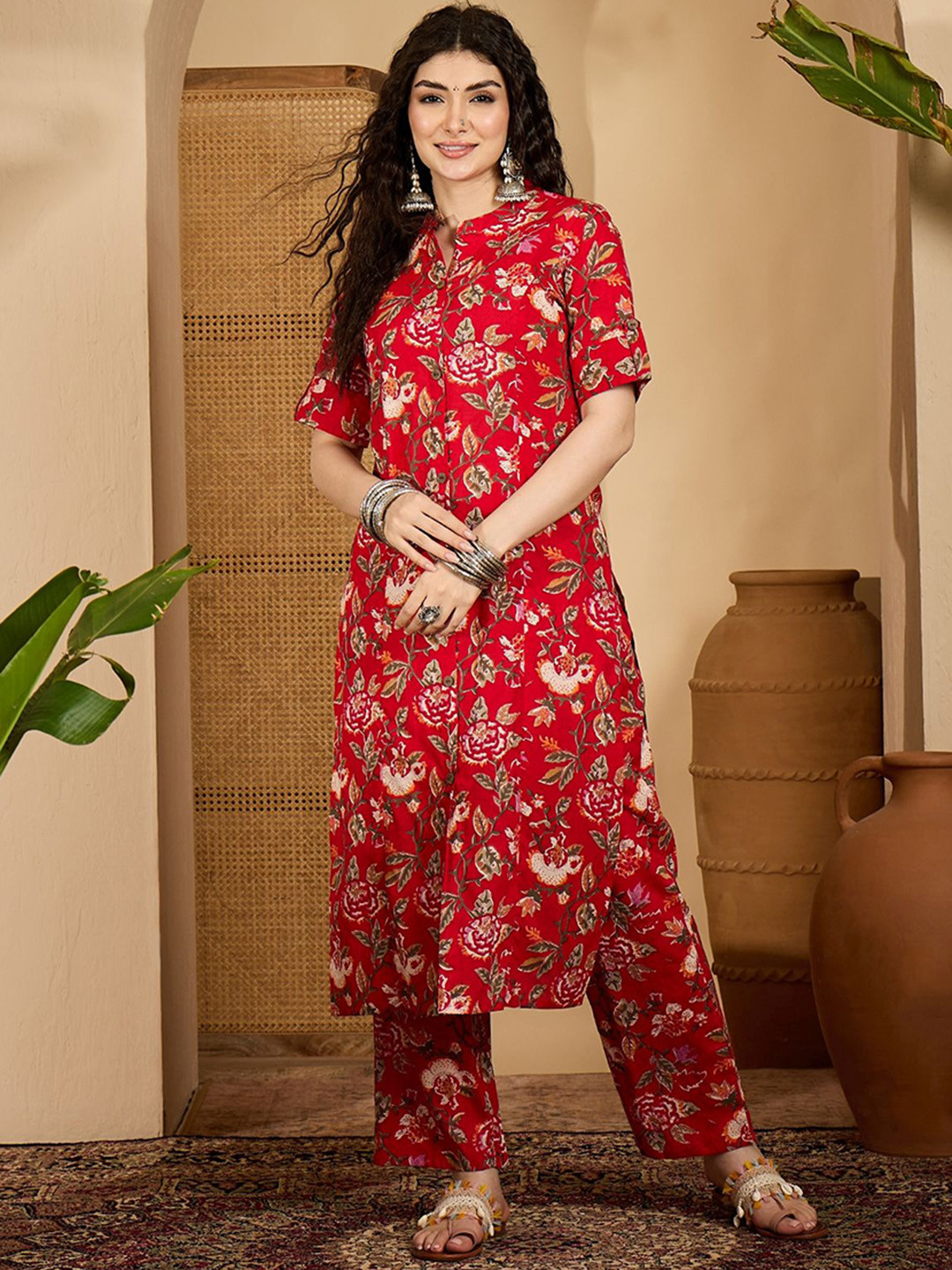 Sangria Ethnic Motifs Printed Cotton Tunic with Trousers Co-Ords