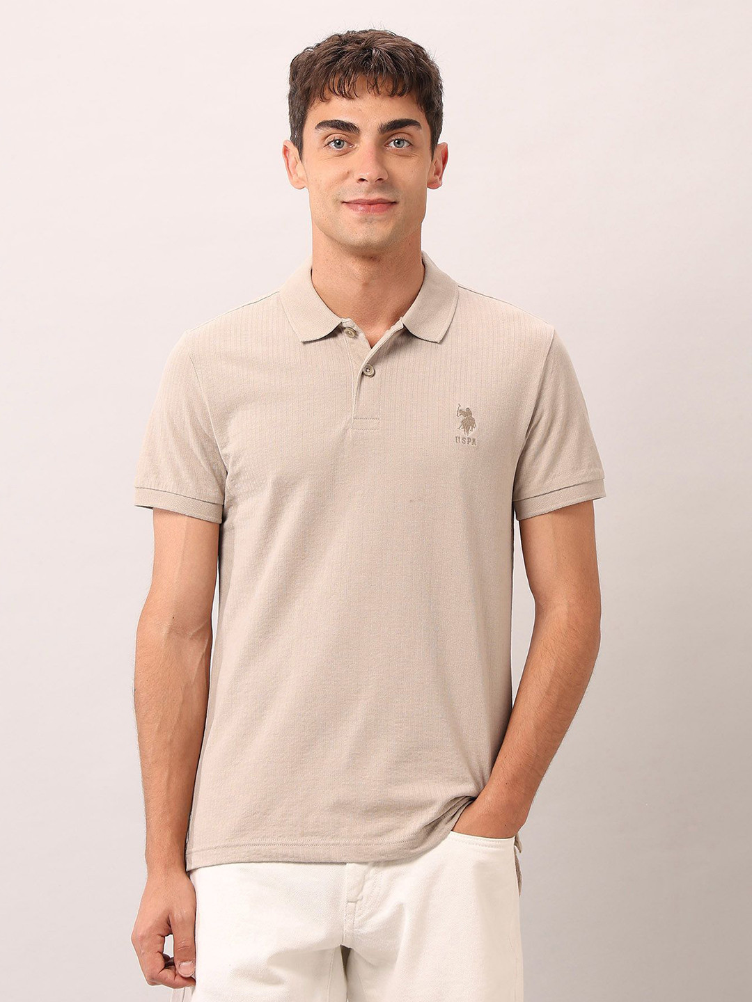 U.S. Polo Assn. Denim Co. Men Self Design Work And Wander Polo Collar Pure Cotton T-shirt