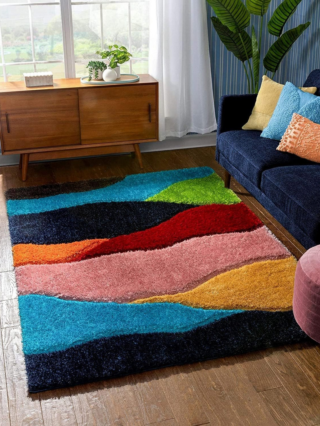 CARPETIFY Blue & Pink Geometric Printed Anti-Skid Carpet