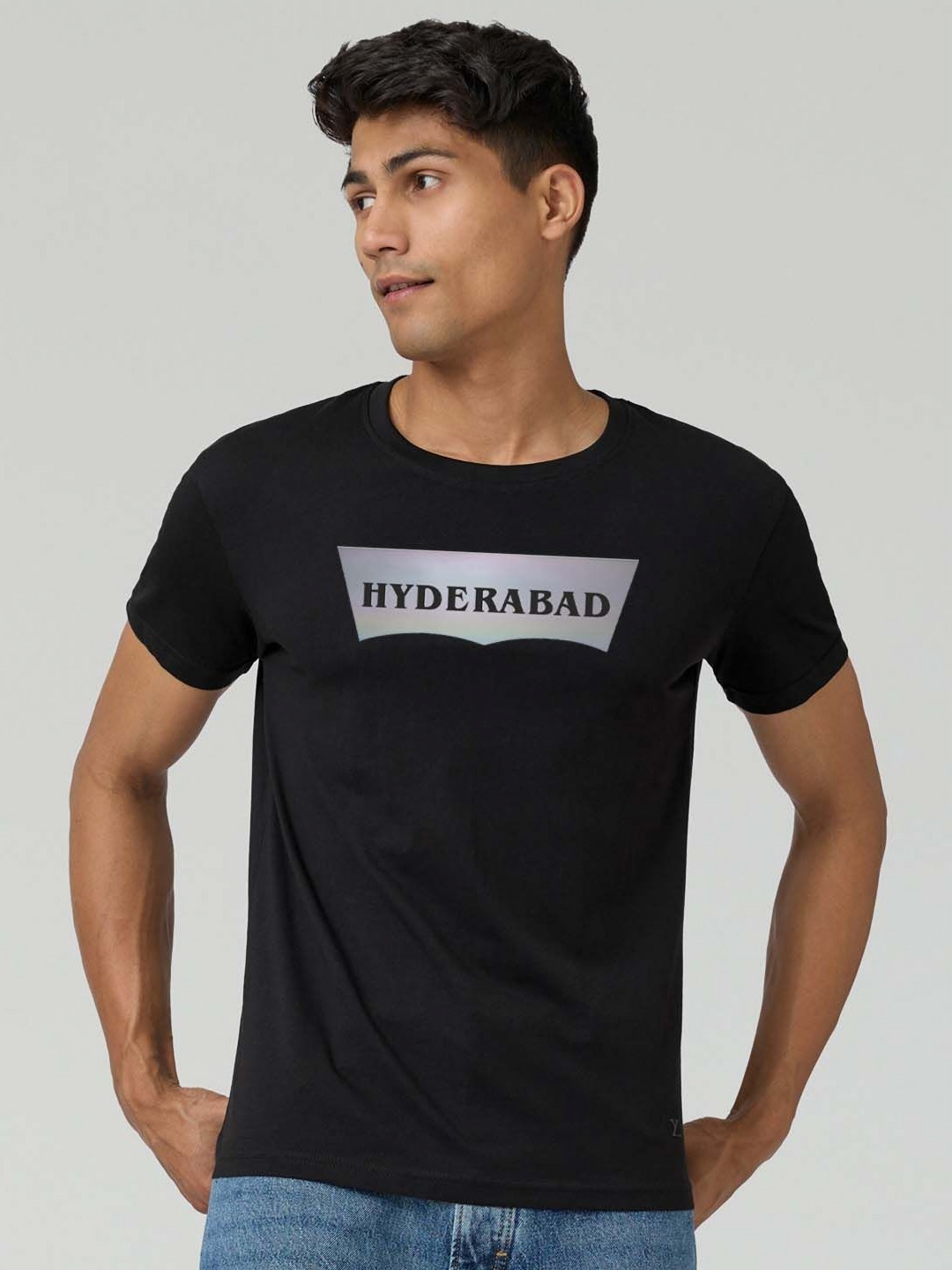 Organic Chics black rainbow city Men Typography Printed Cotton Bio Finish T-Shirt