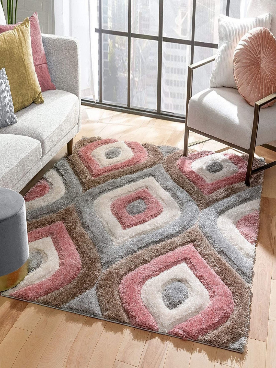 CARPETIFY Peach-Coloured & Grey Geometric Printed Anti-Skid Carpet