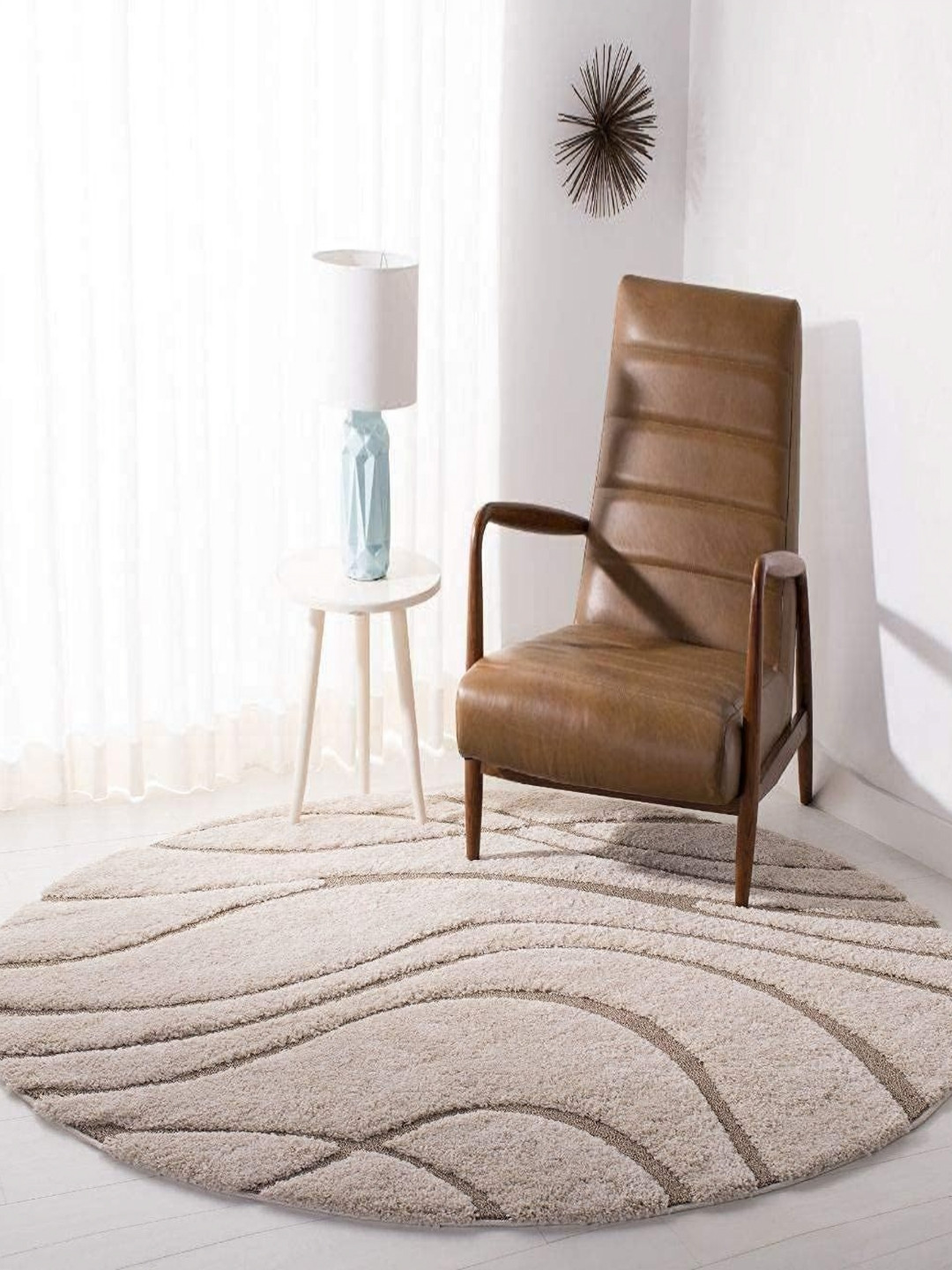 CARPETIFY Cream-Coloured & Grey Printed Anti-Skid Carpet