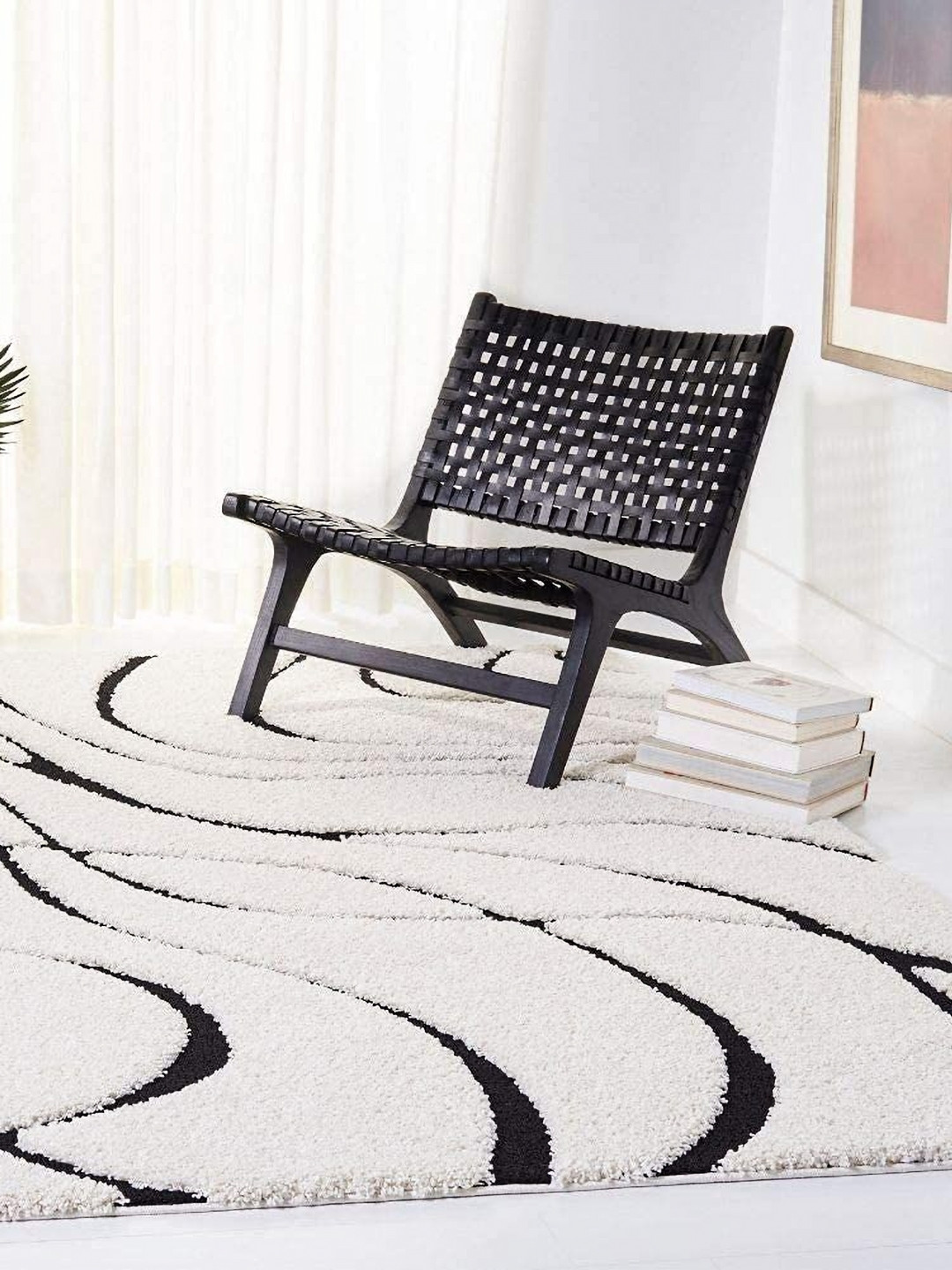 CARPETIFY Cream & Black Abstract Anti-Skid Shaggy Carpet