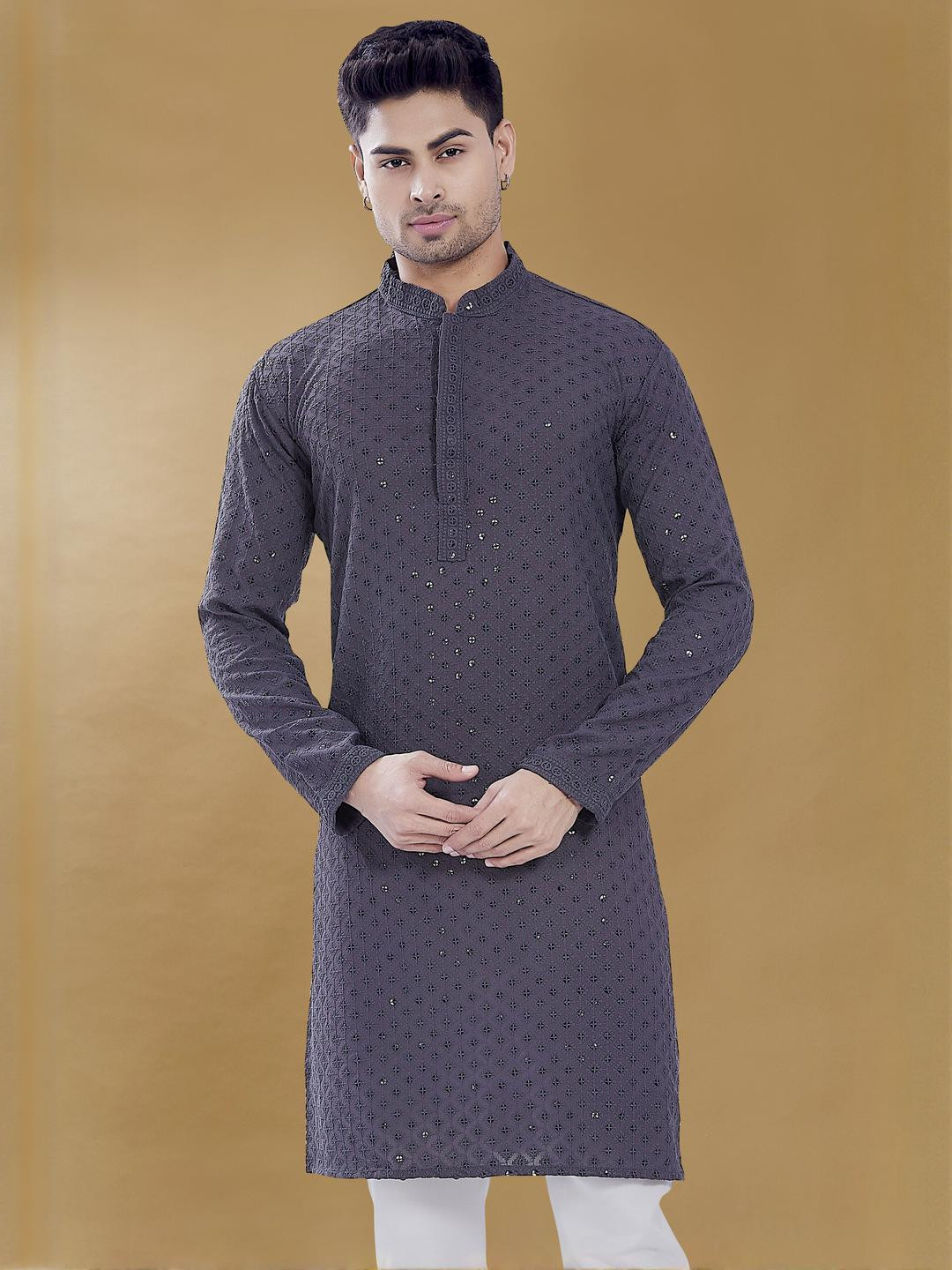 PulseIQ Men's Sequins Embroidered Thread Work Kurta