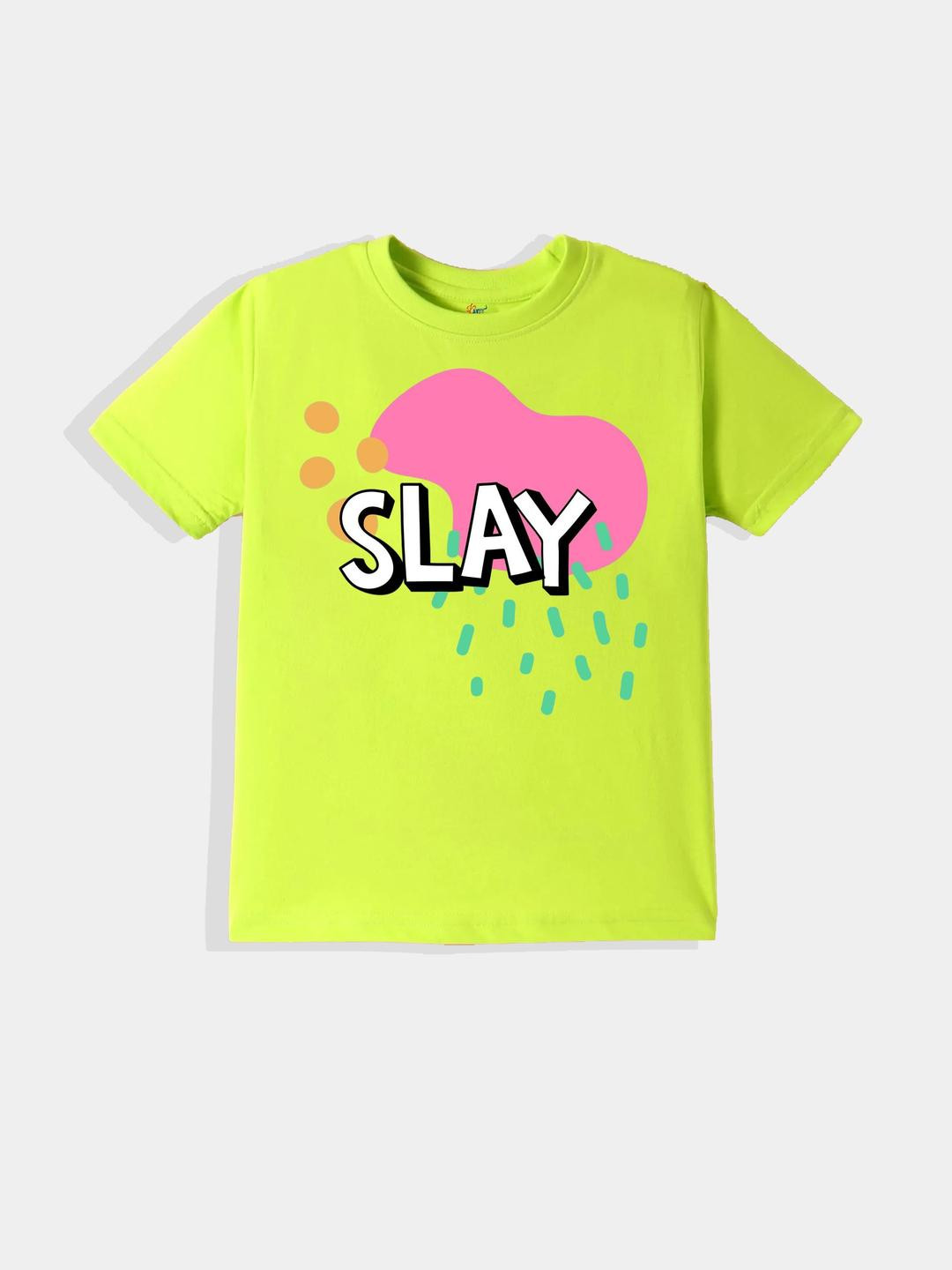 KAVEE Pure Cotton Half Sleeves Slay Text Printed Bio Washed Tee - Neon Green
