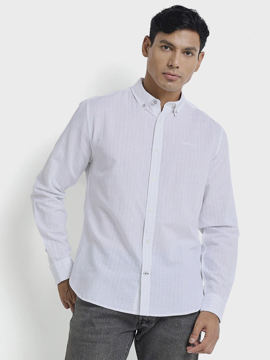 BEN SHERMAN Men Classic Fit Vertical Striped Button-Down Collar Linen Casual Shirt