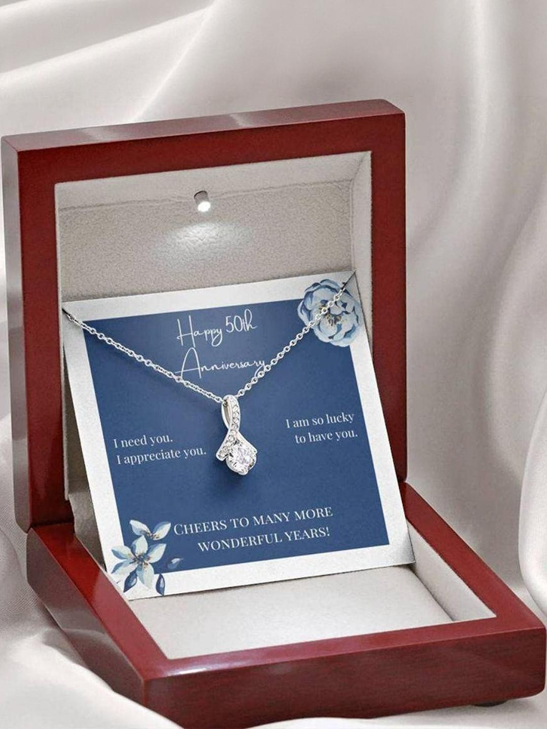 Silver Gift Wife Necklace, To My Wife Necklace Gift Happy 50th Anniversary Cheers Sparkle Ribbon Ne