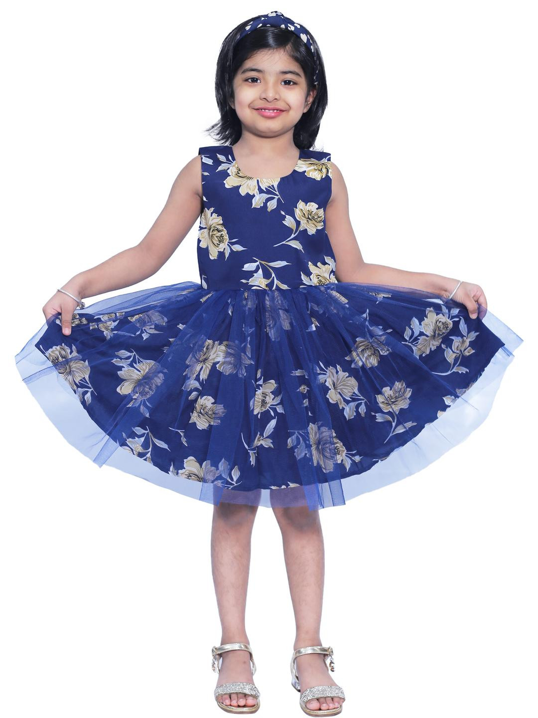Shahina Fashion Girls' Casual Mini Frock Dress Navy Blue Colorful Crepe Fabric