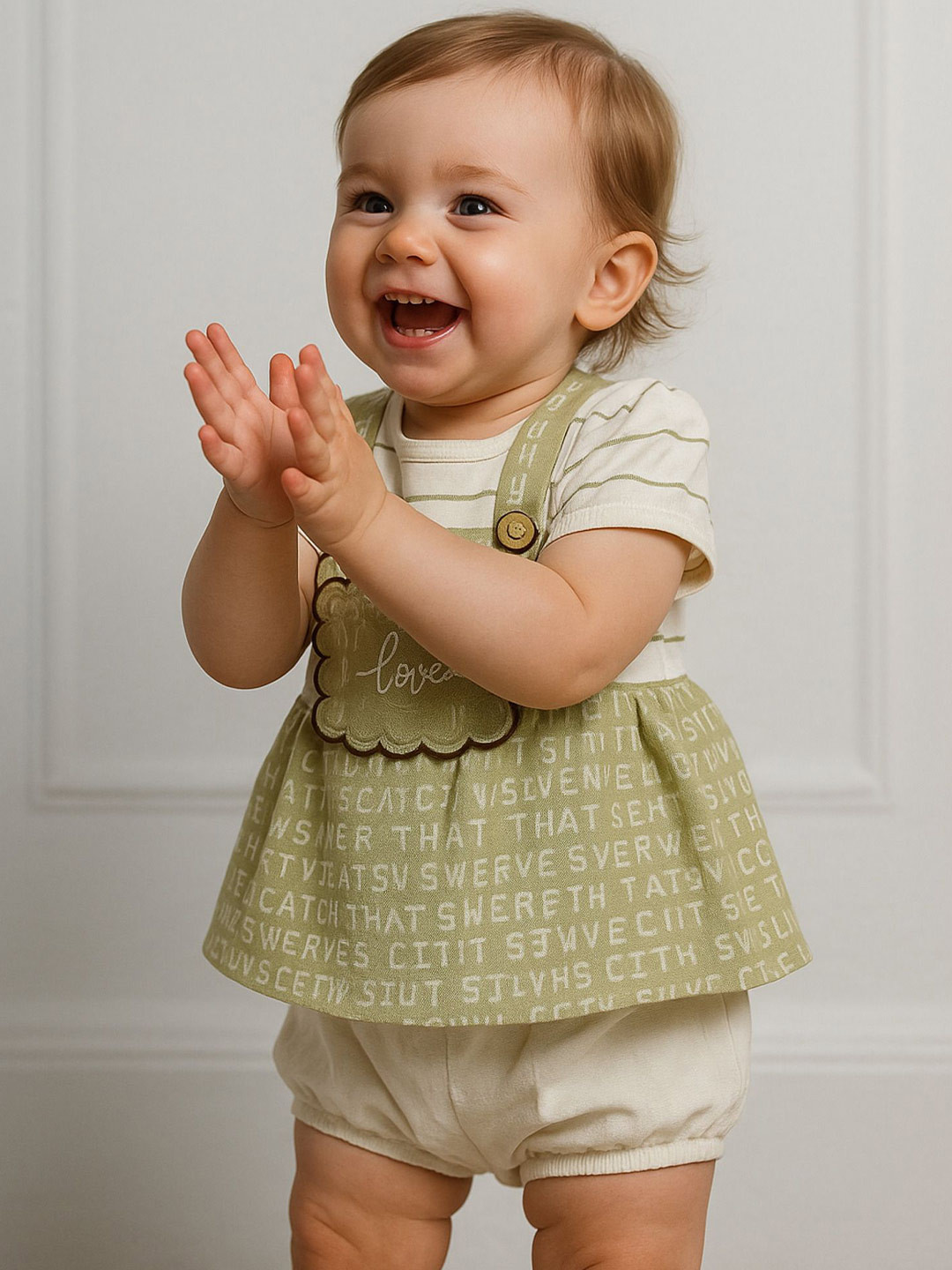 Navvi Girls Typography Print Cotton Pinafore Dress With Panty