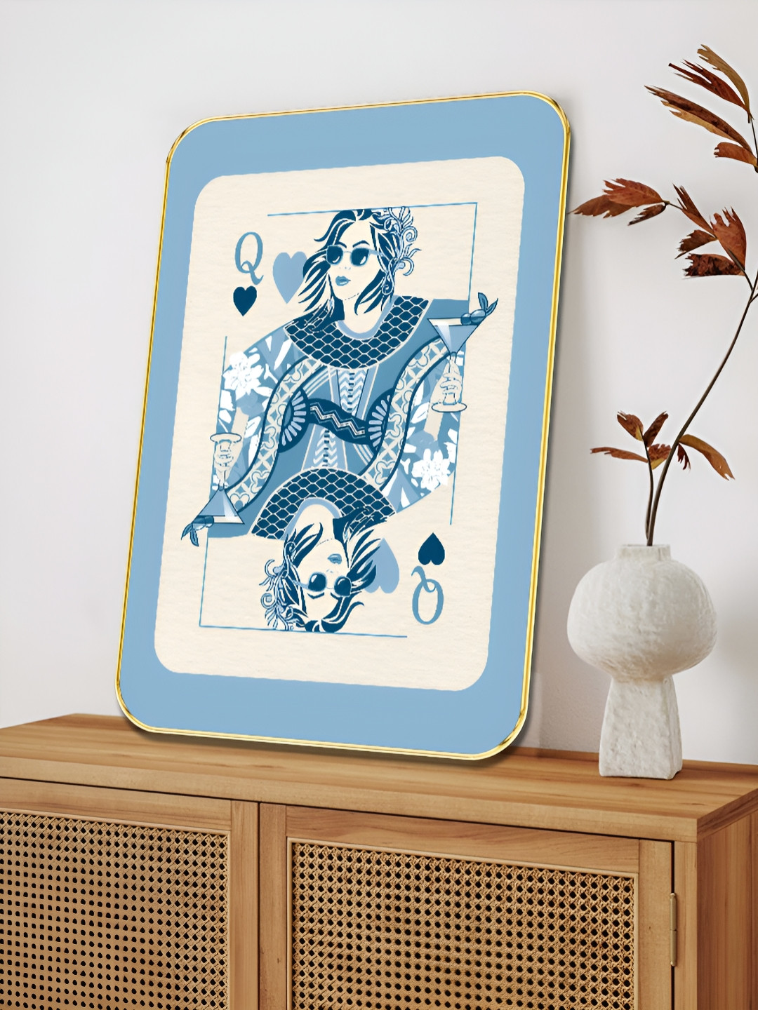 SAF Cream And Blue Modern Queen Of Hearts Printed Wooden Wall Art
