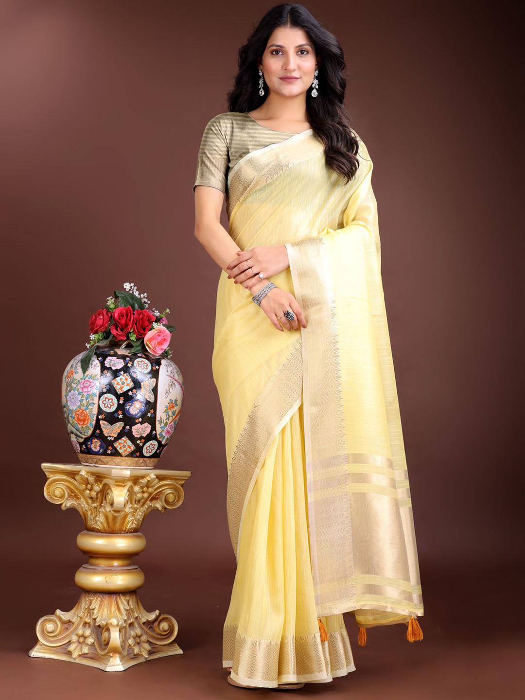 Astita Saree with Zari Border & Contrast Tassels