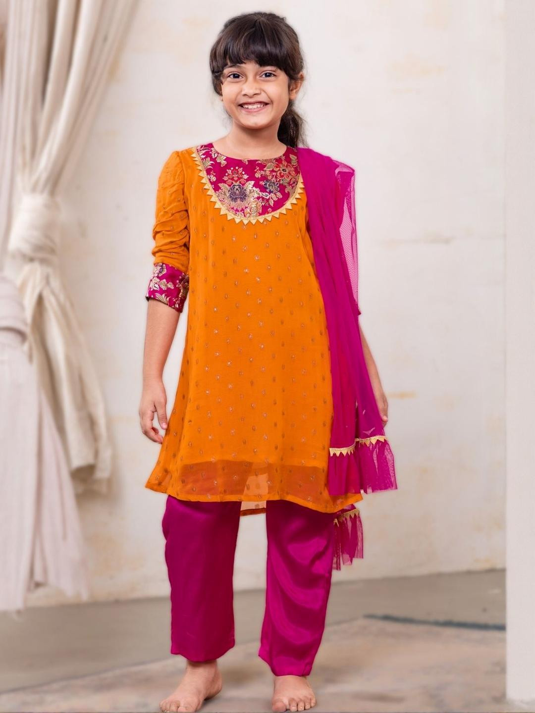 Tura Turi Girls Orange Georgette Kurta Sets