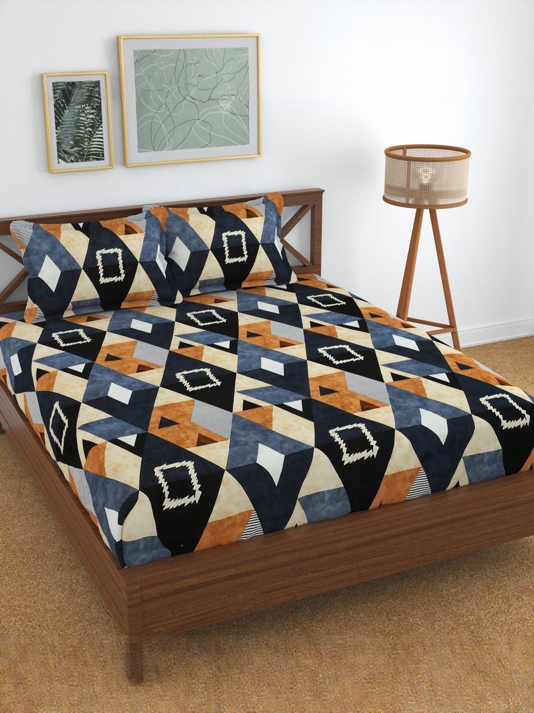 Fabture Blue & Multicoloured 210 TC Queen Bedsheet with 2 Pillow Covers