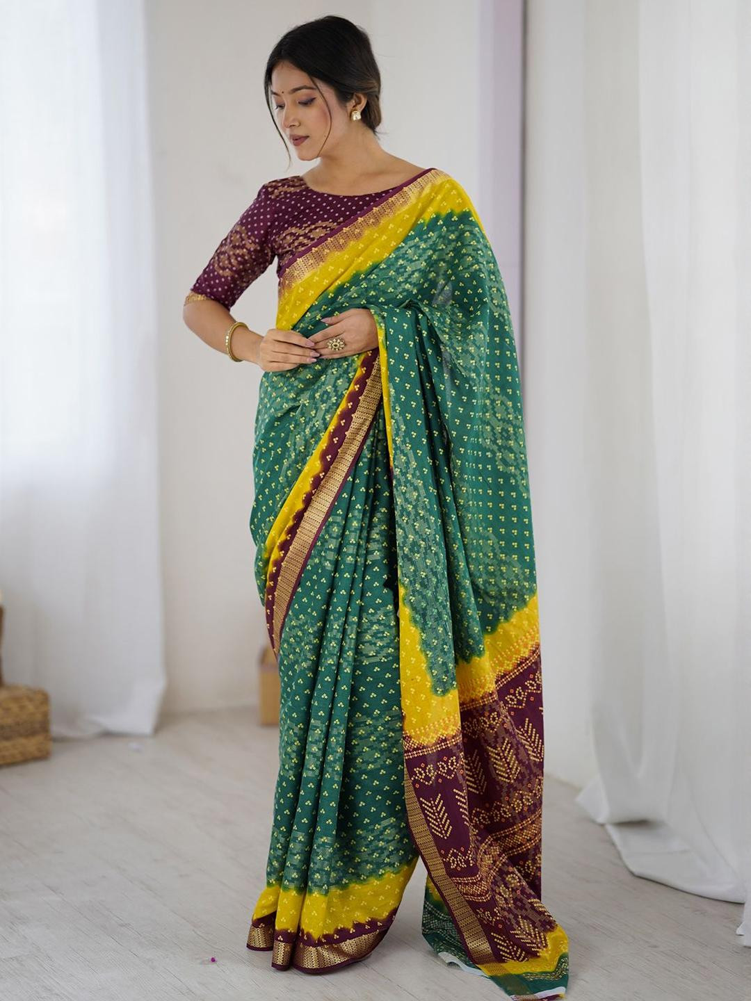 KALINI Bandhani Emblelished Green Pure Cotton Saree