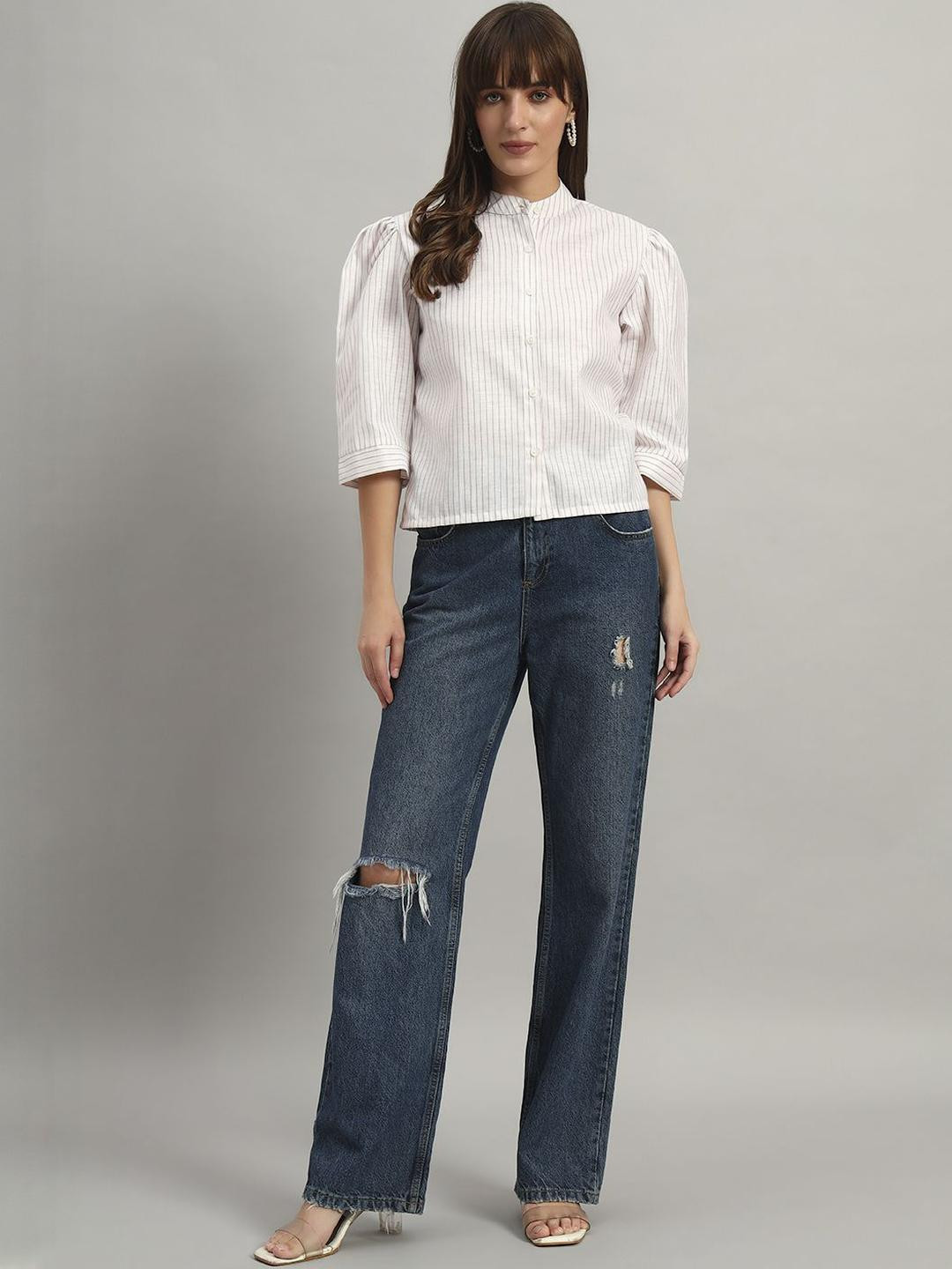 all about you Classic Fit Vertical Striped Puff Sleeves Mandarin Collar Cotton Crop Shirt