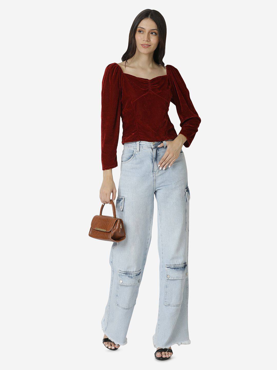 D 'VESH Women Puff Sleeve Velvet Regular Top