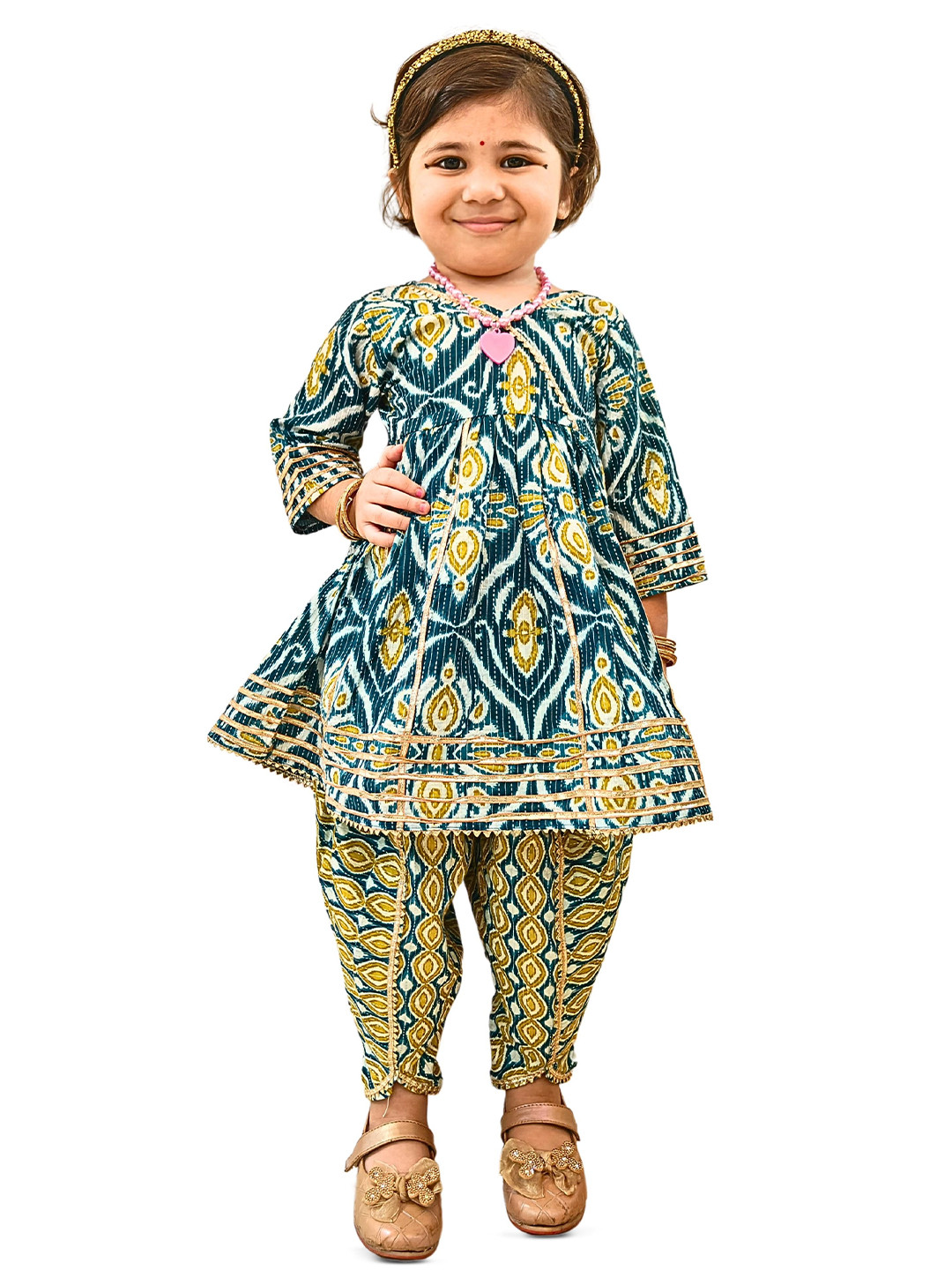 FREE BIRDS Girls Ethnic Motifs Printed Pure Cotton Kurta With Dhoti Pants