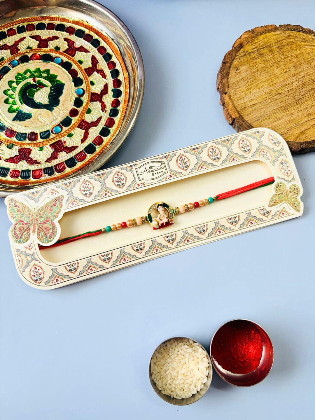 Laddu Gopal Rakhi Orange Yellow Kundan Meenakari Rakhi Traditional Handmade Rakhi for Brother