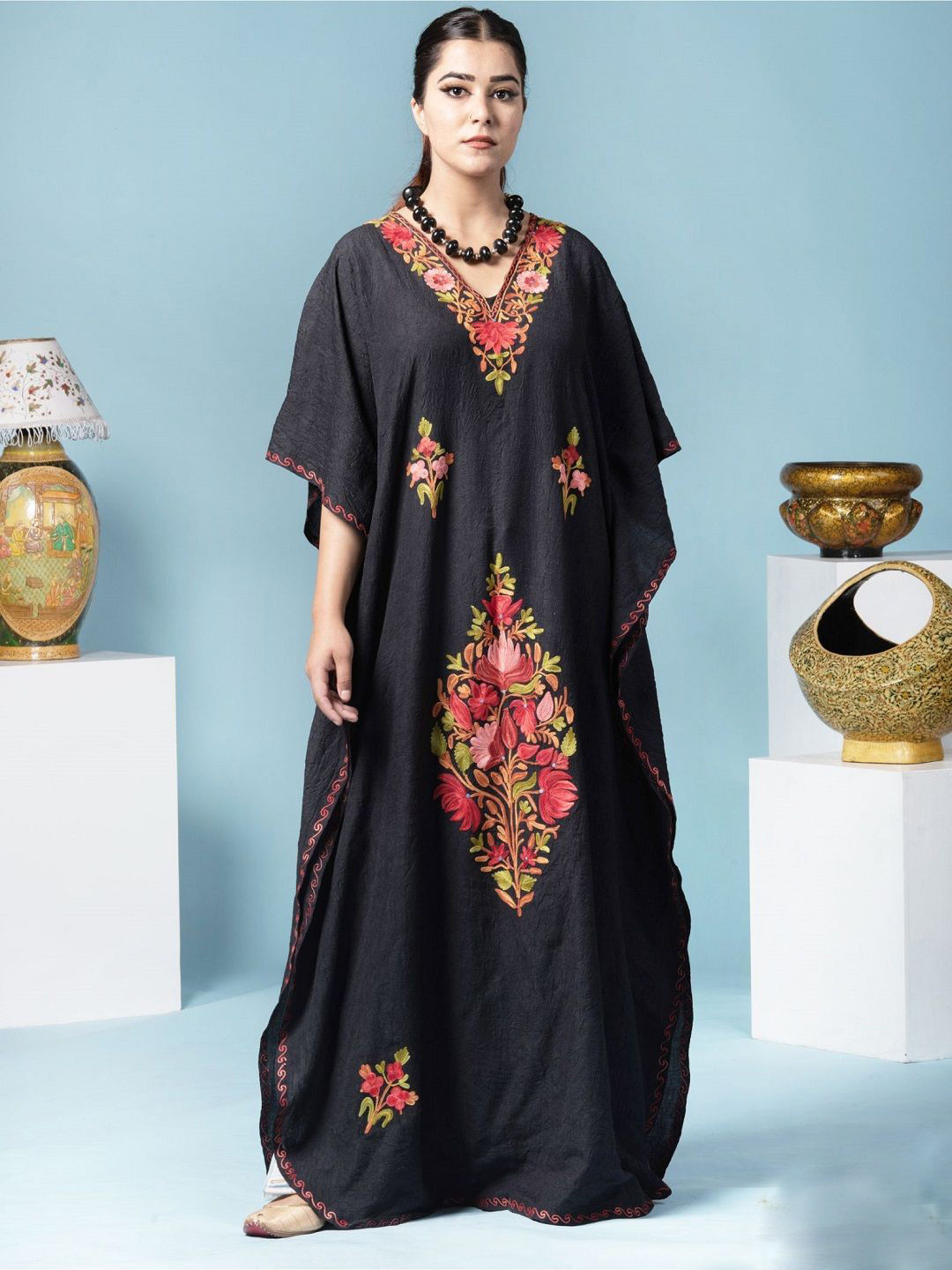 Kashmir Box Women Aari Embroidered Black Cotton Kaftan Maxi Dress