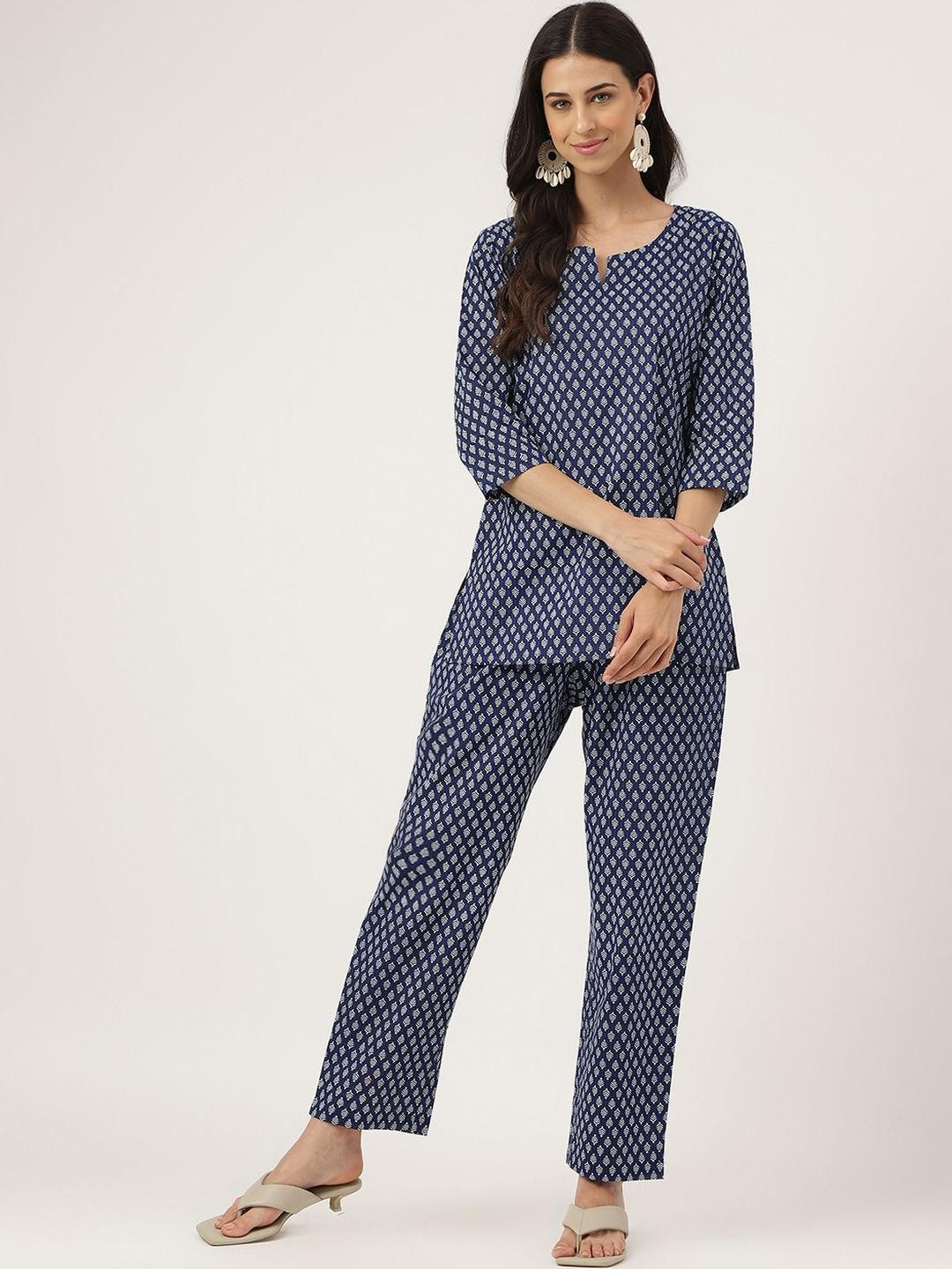 KALINI women Blue Pure Cotton Tunic & Trousers Co-ords