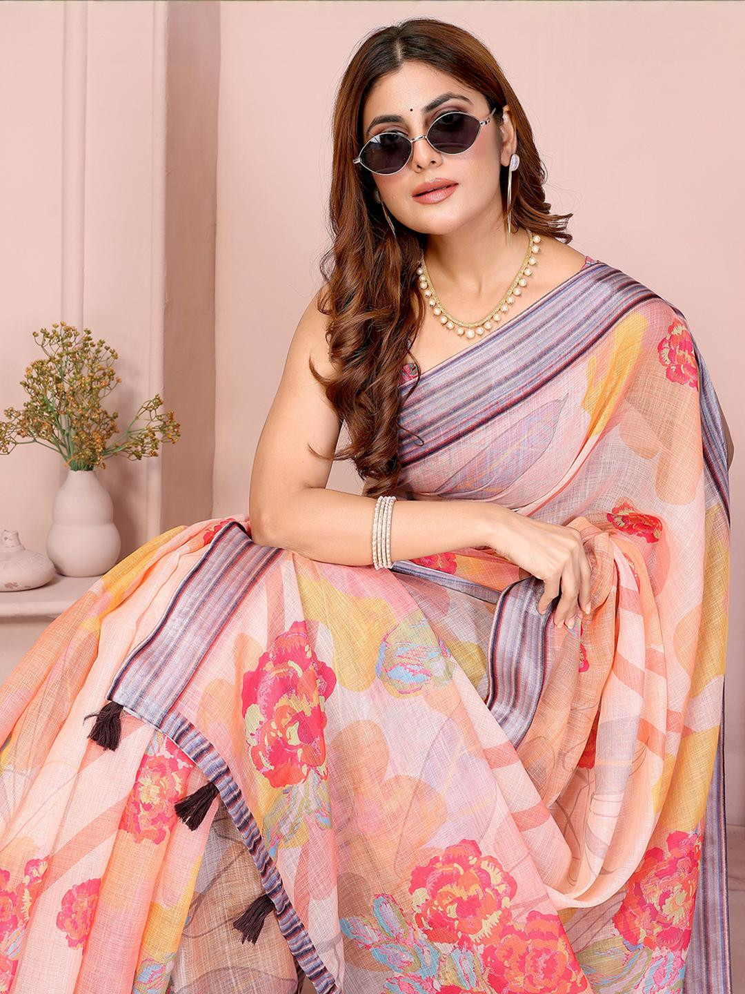 JYA Floral Print Linen Saree