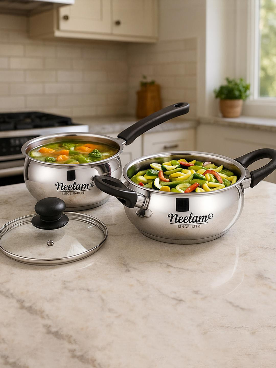 Neelam Stainless Steel Induction Bottom Frying Pan & Kadai with Lid Combo 3 PCS