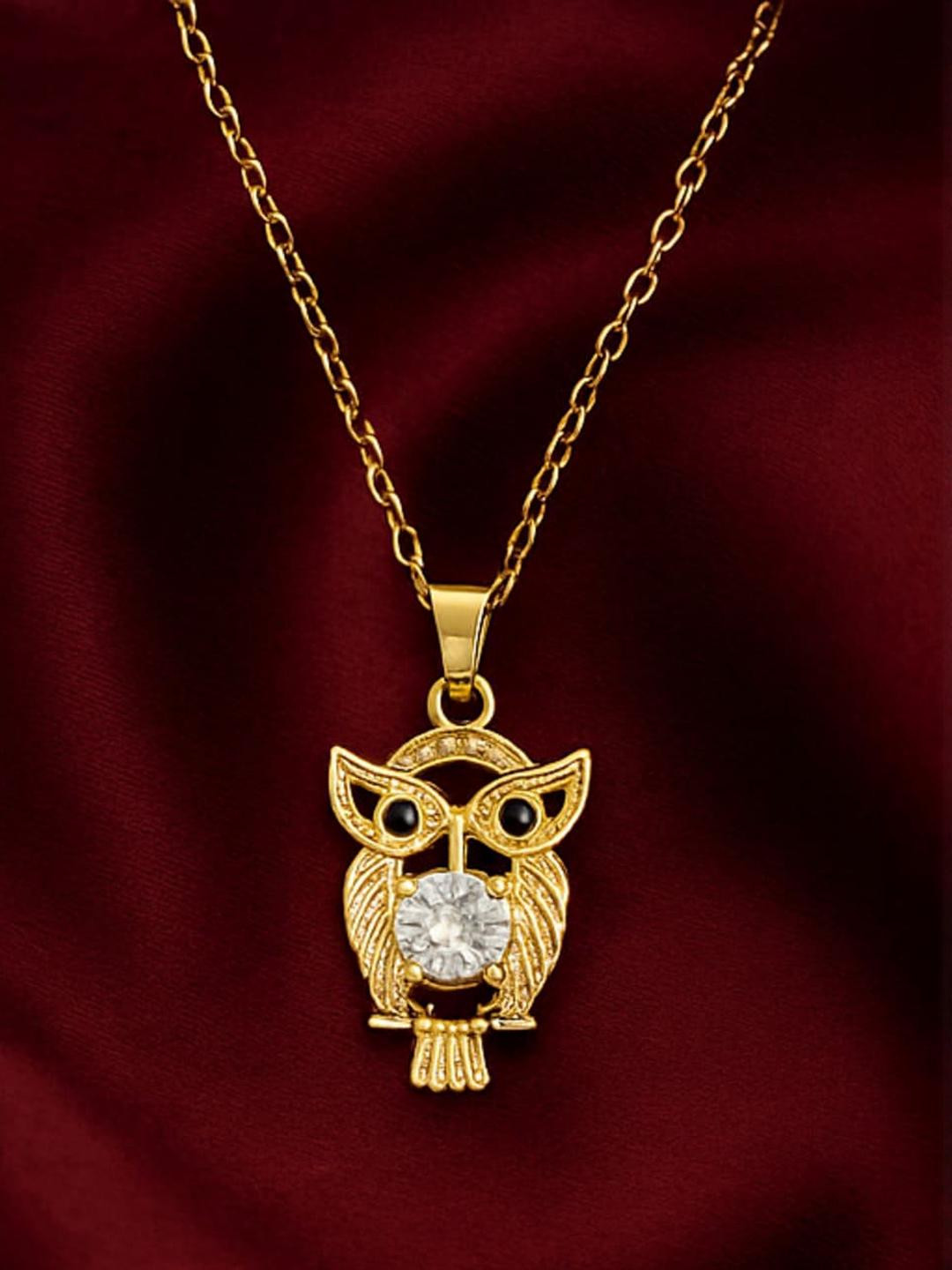 ISHTAARA Gold Plated Korean Stainless Steel American Diamond Owl Shaped Necklace