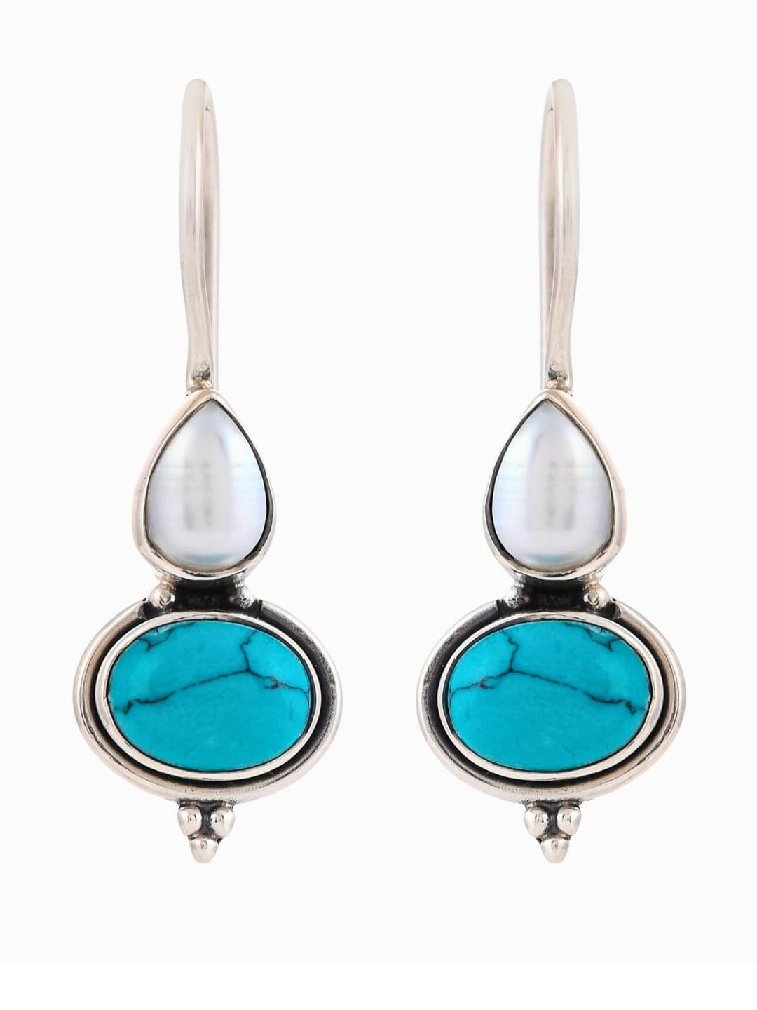Silver Planets 92.5-925 Sterling Silver Pearl Turquoise Stone Dangle Earring For Girls & Women (25)