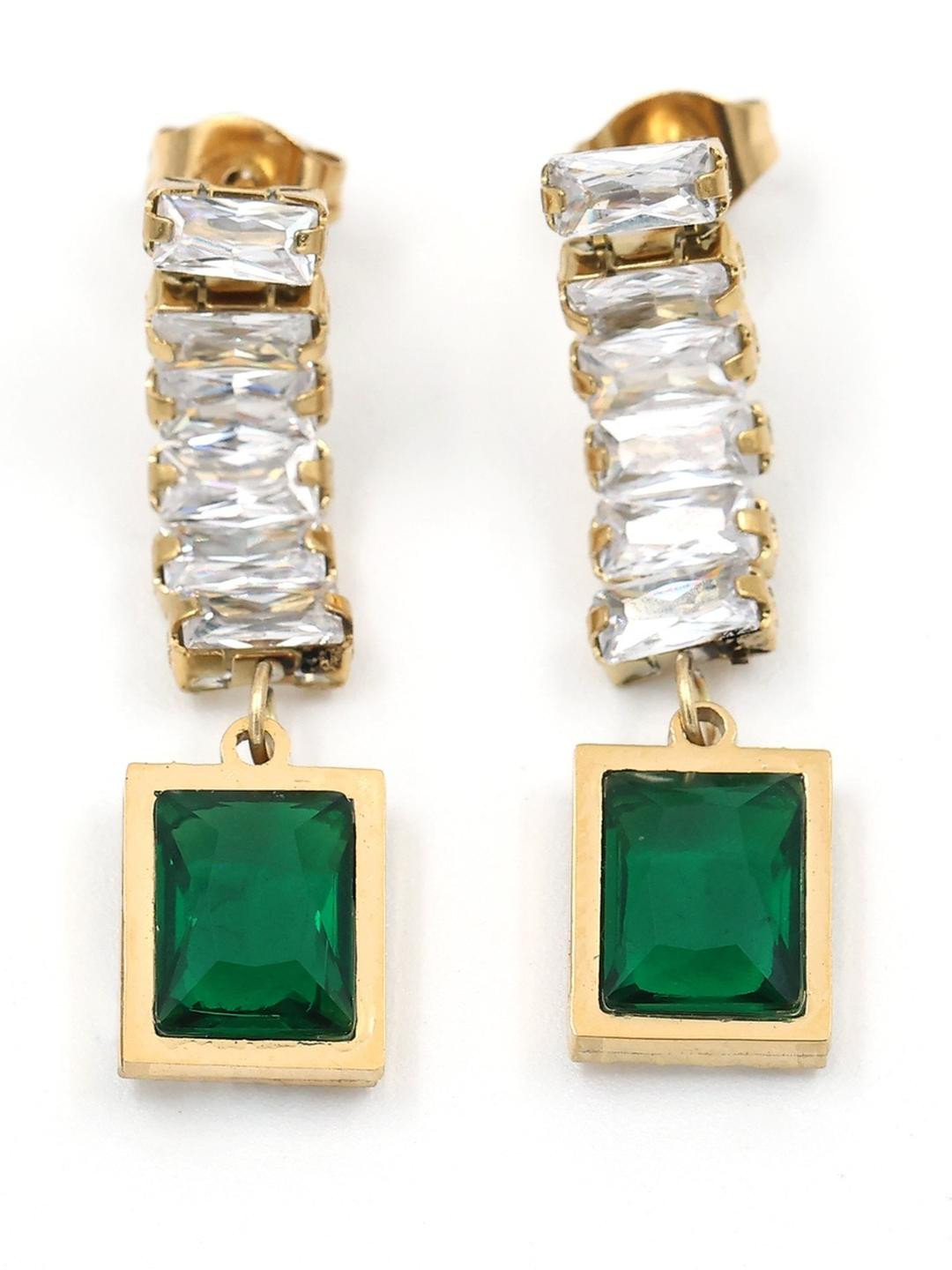 LOLO LePA Women White And Green Square Artificial Stones Gold-Plated Ethnic Drop Earrings